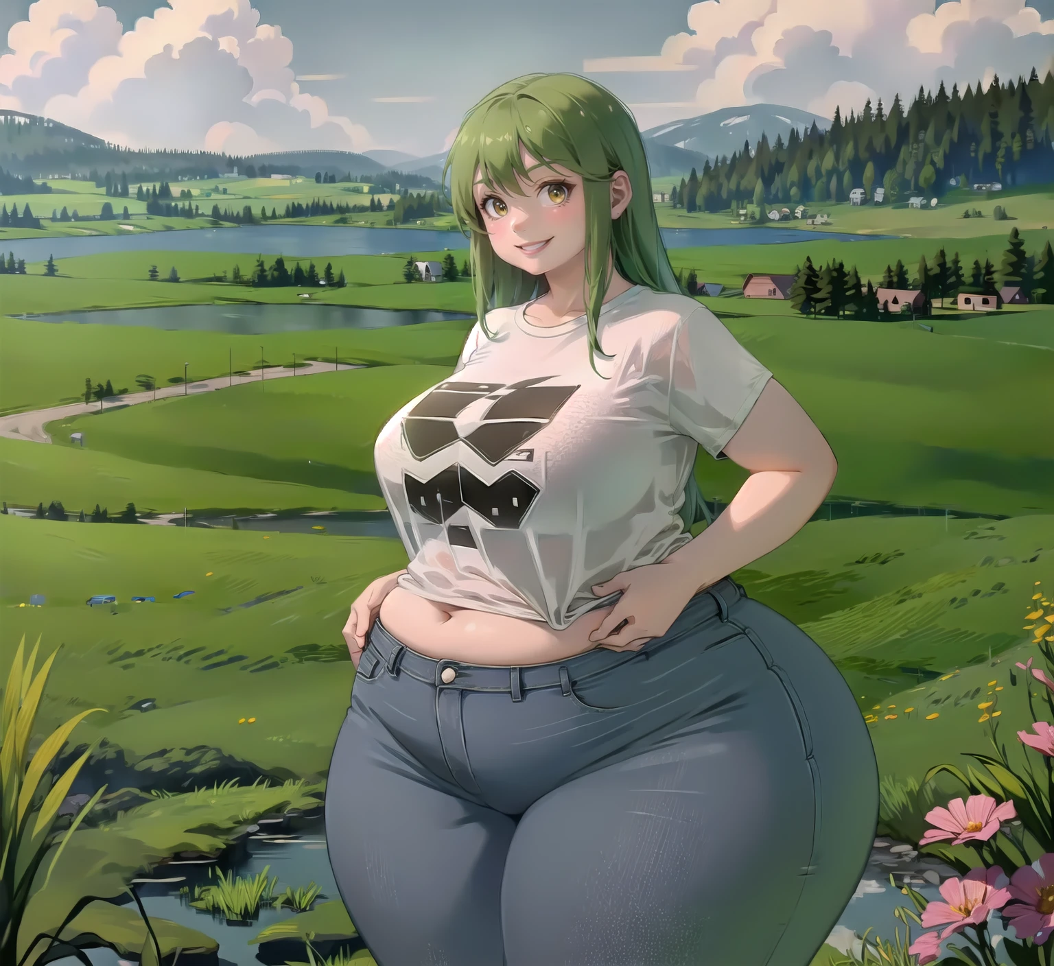 (high_aesthetic:1.2), 
gigantic_hips, high-waist pants, jeans, t-shirt,
smile, happy, looking to the side, 
1girl, solo, standing, (cowboy shot, upper body:1.2), 
meadow, scenery