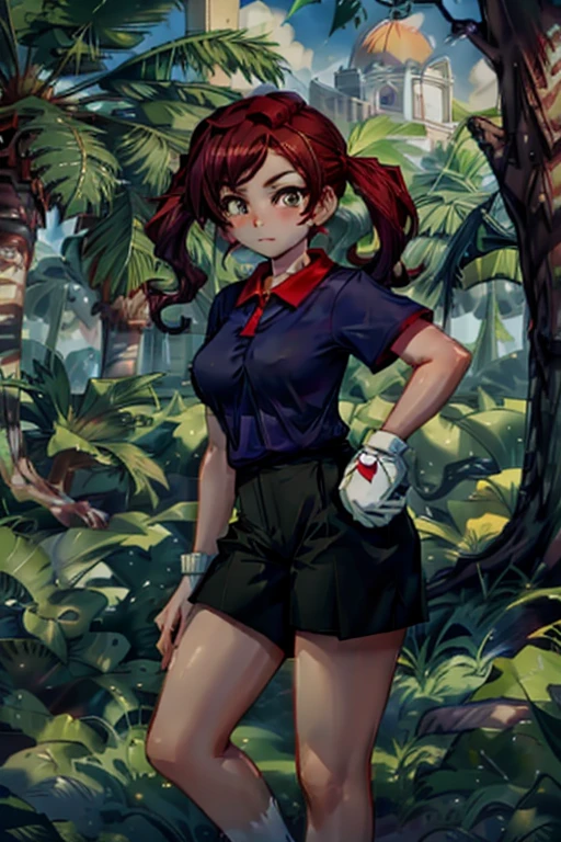 highest quality, highest quality visuals, highest details,<lora:Plum V21:0.8> plum (mario golf 64), 1girl, solo, 2D, high poly, brown hair, pigtails, green eyes, smile, dark blue shirt, red collar, red cuffs, 1white_glove, black shorts, bare legs, socks, red and white sneakers, (dark background:1.2), <lora:Add_eyes_focus:1>