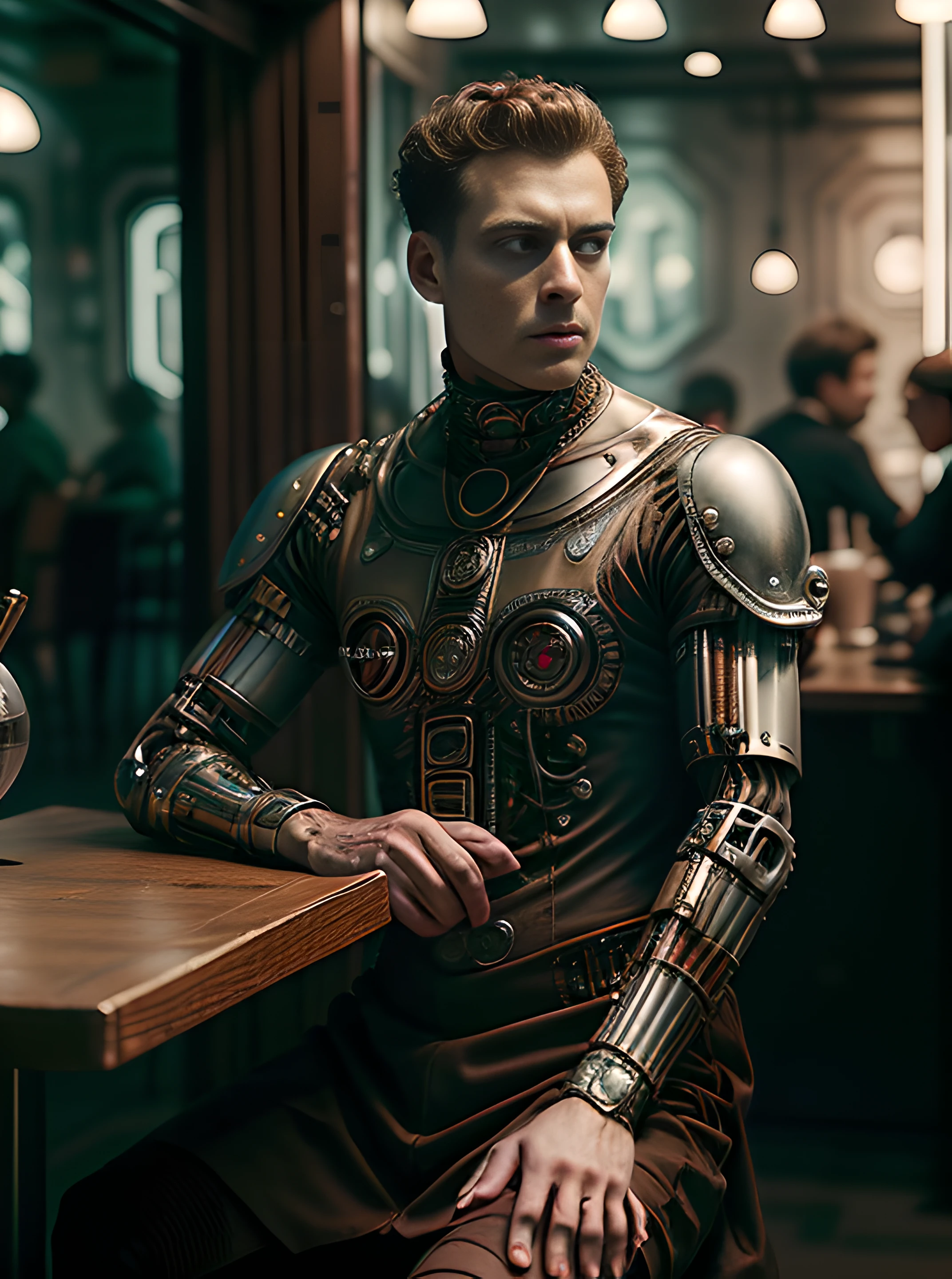 cyborg man (wearing victorian-style dress, choker necklace, and ankle boots) at a coffee shop in space <hypernet:sxzBloom_sxzBloom:.8> <hypernet:mechanicus_v10:.6> <lora:more_details:.74>