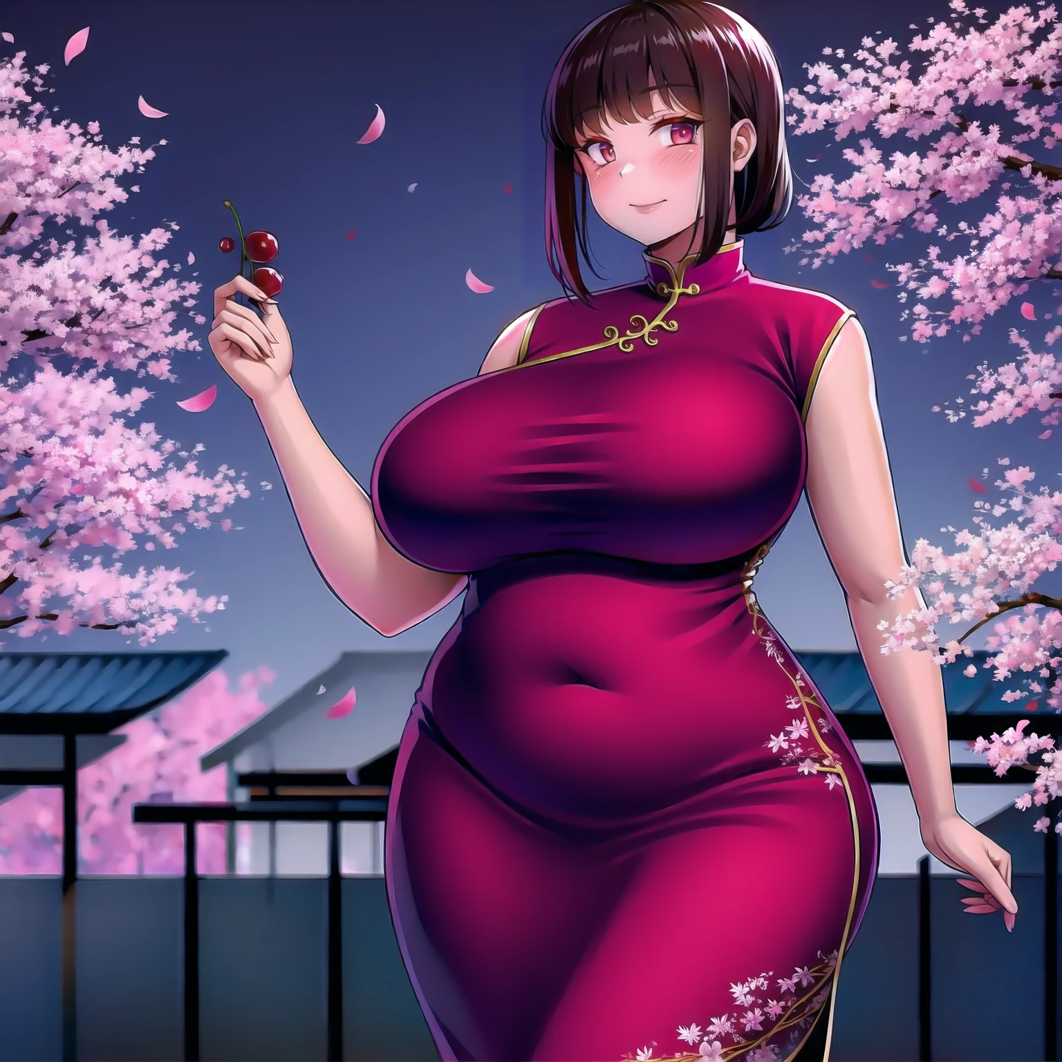 (high_aesthetic:1.2),
curvy, hourglass_figure, large breasts, wide hips, looking at viewer,
china dress, cherry blossoms, outdoors,
(cowboy shot:1.2), standing, 1girl, solo