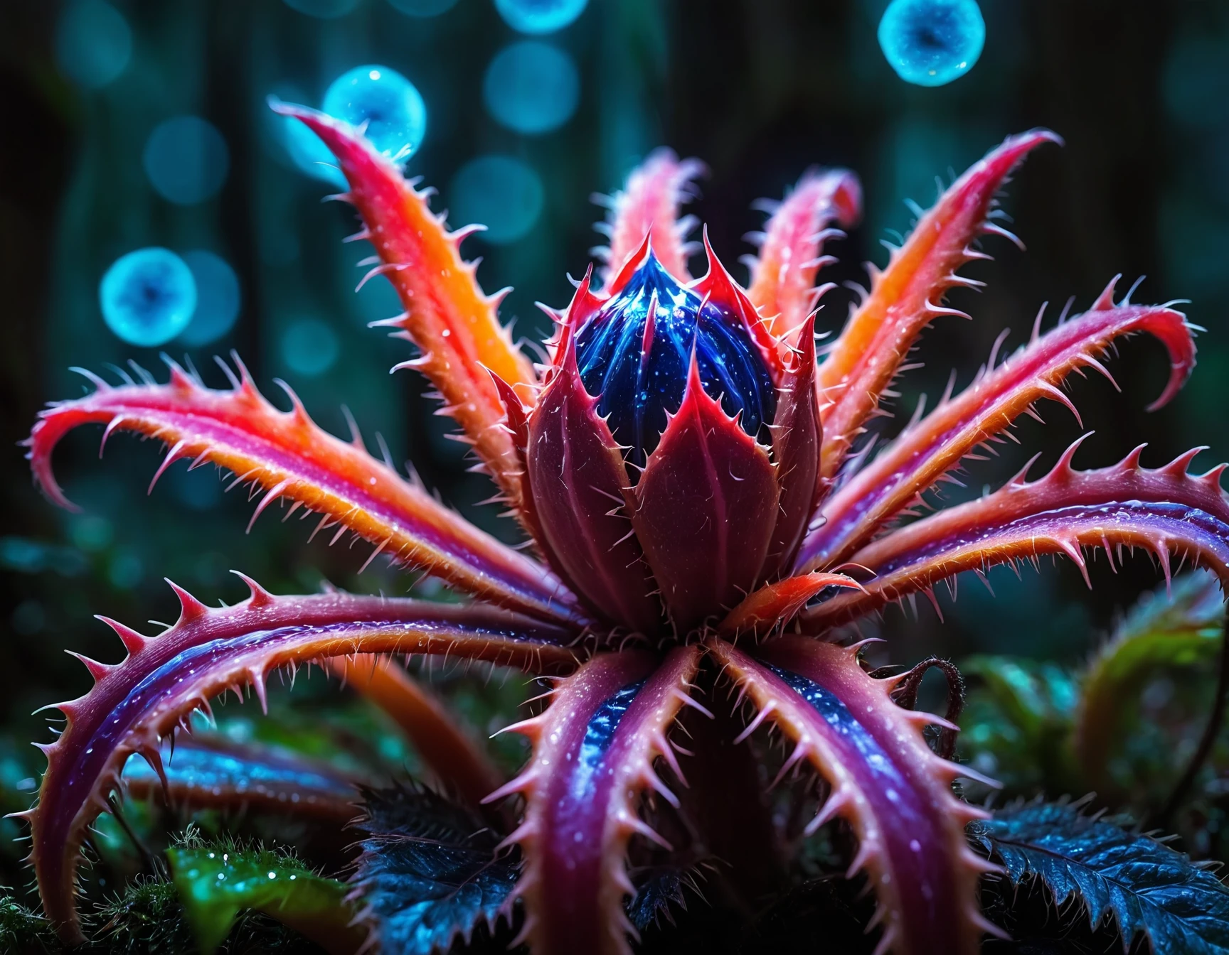 (macro photo), a flesh eating plant with a ethereal complex colors with sharp teeth, a mesmerizing bioluminescent forest, high quality photography, 3 point lighting, flash with softbox, 4k, Canon EOS R3, hdr, smooth, sharp focus, high resolution, award winning photo, 80mm, f2.8, bokeh
