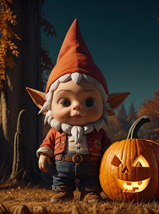 hand drawn cute one big gnomes face in autumn disguise holding pumpkin, detailed closeup face, concept art, low angle, high detail, warm lighting, volumetric, godrays, vivid, beautiful, trending on artstation, by jordan grimmer, huge scene, grass, art greg rutkowski