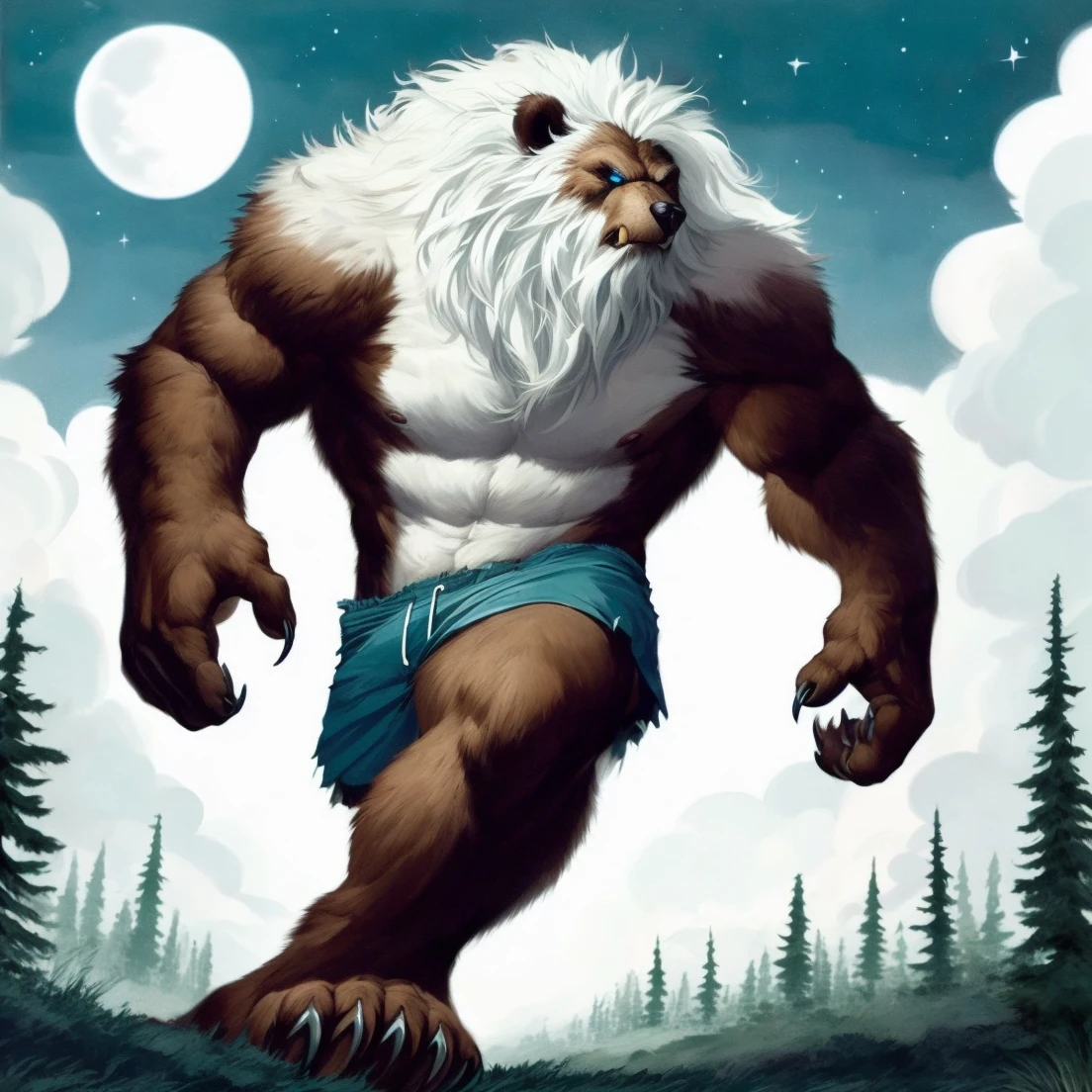 macrobear, solo, looking away, animal ears, nipples, walking, tail, full-length portrait, long mane, white mane, outdoors, shorts, barefoot, cloud, tree, torn clothing, muscular, night, facial hair, soft abs, moon, low-angle view, cloudy sky, grass, pecs, star (sky), nature, night sky, claws, beard, furry, full moon, forest, starry sky, topless male, mountain, furry male, macro, bear ears, bear, moonlight, brown fur, fangs, angry, walking, backlighting, detailed fur, bent leg, looking sideways,4 toes, mouth closed,
<lora:macrobearv2.2:1>