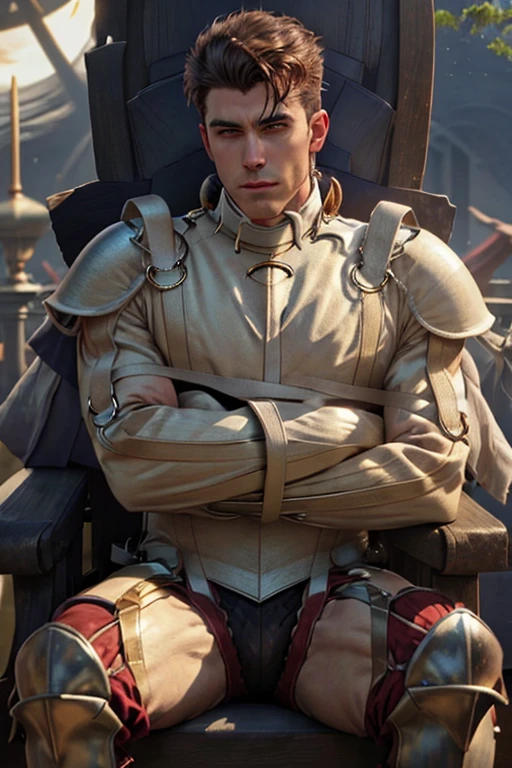 <lora:StraitjacketPsycho_v2:1>, silhouette shot, breastplate, armor, shoulder armor, throne, sitting, straitjacket, palace, (male:1.2), lean body, impeccable grooming, exuding confidence and sophistication, sun-kissed skin, Volumetric lighting, best quality, absurdres, best quality