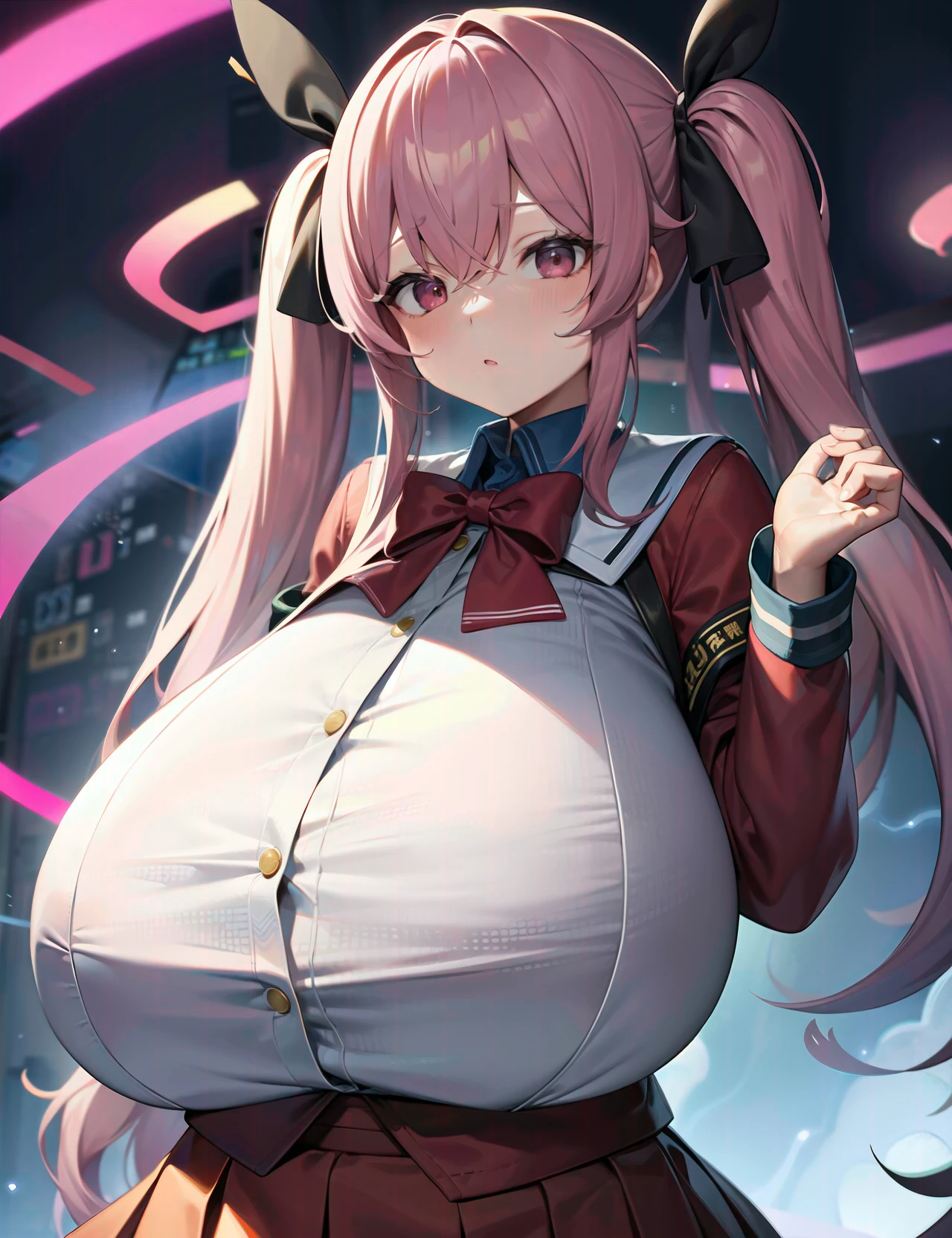 (1girl vtuber is streaming  in cyber space)
(detailed  vtuber  schoolgirl thin silk twill  shirt and plated skirt with engraved red schoolgirl jacket:1.2)
( view of upper body with detailed background  )
(whole covered long sagging gigantic breasts  with expanded fabric :1  )
(decorated by ribbons)
(perfect face :1.2)
(best neon lighting)
(beautiful matte pink hair with long twintails  )
(sharp shading)
(detailed background)
(perfect hand)
(highres)(masterpiece:1)(best quality:1.2)(perfect anatomy)
<lyco:multi_sagging_concept_v3:1.0>