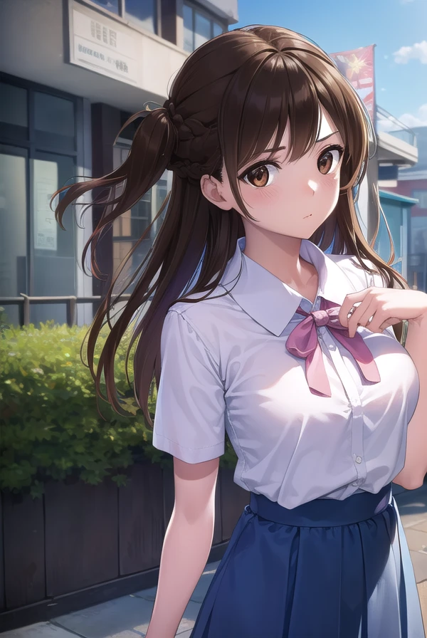 mizuharachizuru, <lora:mizuharachizuru-lora-nochekaiser:1>,
mizuhara chizuru, long hair, brown hair, (brown eyes:1.7), (one side up:1.5), bangs, braid, hair braid,
BREAK shirt, short sleeves, puffy sleeves, collared shirt, white collar, pink shirt, skirt, blue skirt,
BREAK outdoors, city,
BREAK looking at viewer, (cowboy shot:1.5),
BREAK <lyco:GoodHands-beta2:1>, (masterpiece:1.2), best quality, high resolution, unity 8k wallpaper, (illustration:0.8), (beautiful detailed eyes:1.6), extremely detailed face, perfect lighting, extremely detailed CG, (perfect hands, perfect anatomy),
