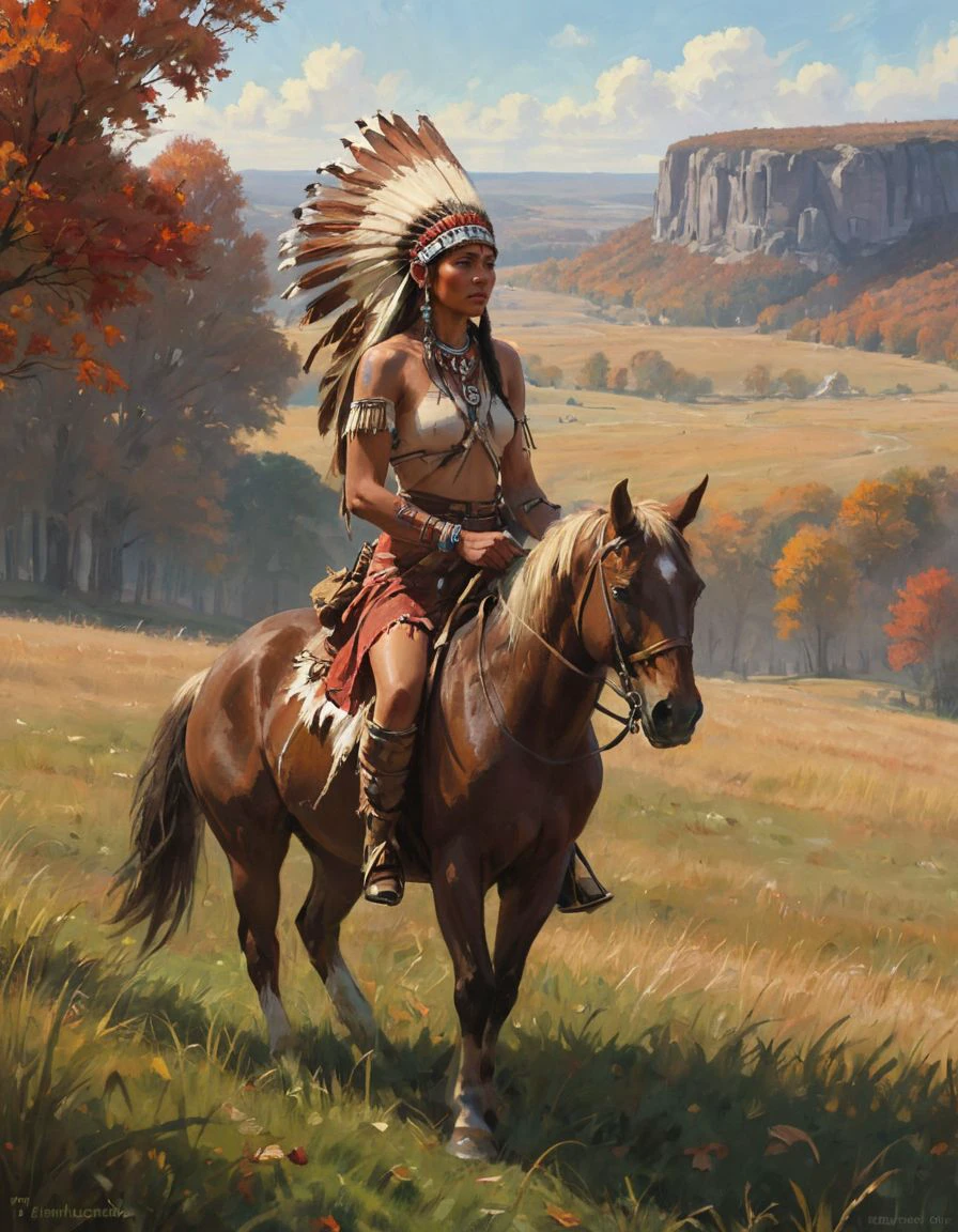 concept art A painting of a lovely fall scene, close up a field with the a mohican native indian warrior on a horse on the prairie in the distance on a grassy hill in 1855 of Irish in autumn , nature, beauty, oil on canvas, shadows, midnight, medium shot centered pose shallow dof soft focus portrait of . digital artwork, illustrative, painterly, matte painting, highly detailed <lora:_MHK_Add-on_stopM_01:-1>