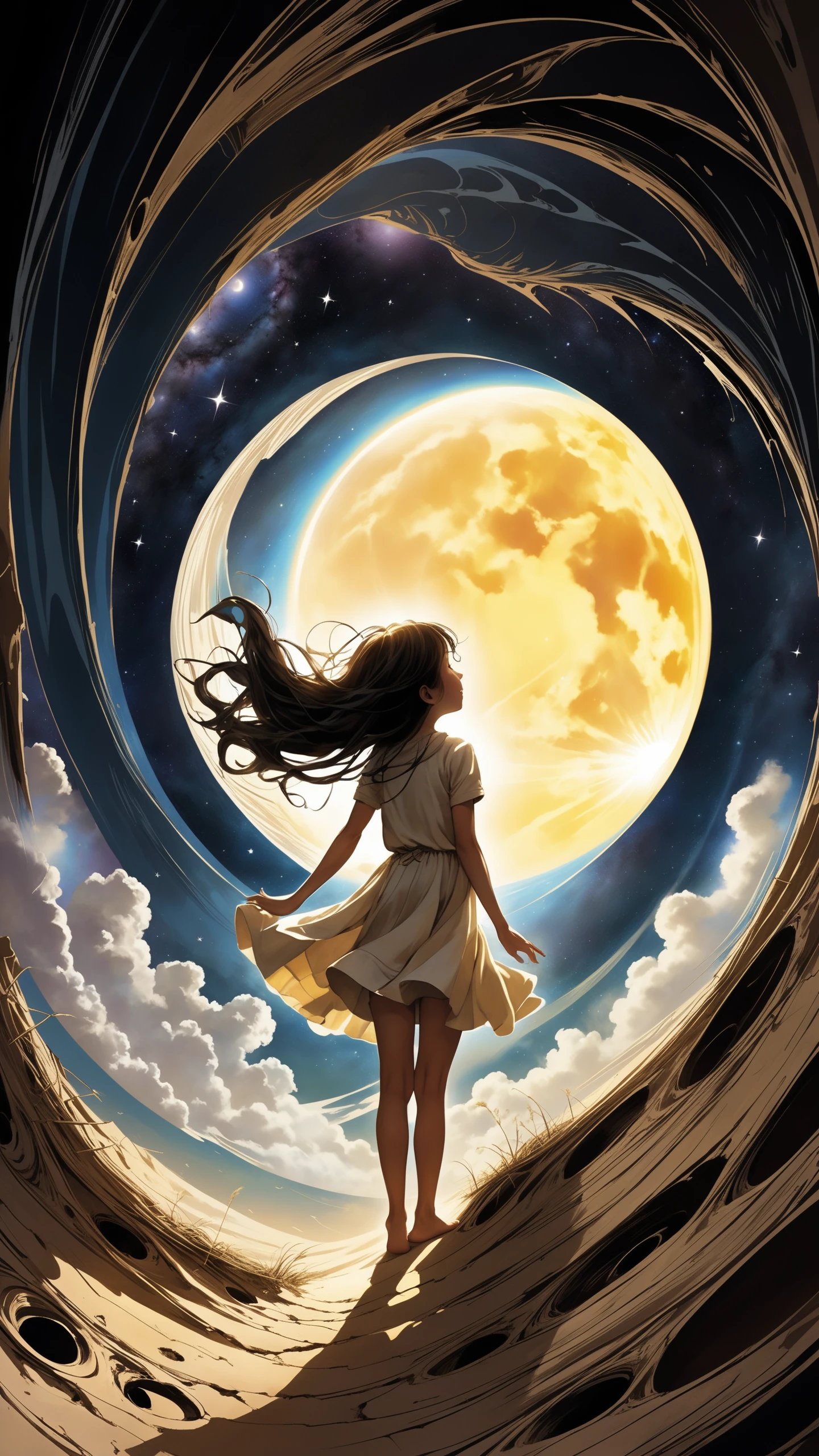 Inside a cramped, narrow hole, The two of us show each other our dreams, We can't beâ
inâ
that world, Neither canâ
we be in this world, Dear God-theâ
god of children, We are covered in scratches in the, Sandbox where you amused yourself, We dance, We spin around, Our dance is a queer one, Our eyes are shaky, All sounds are a mere jumble, Our legs are also shaky. An illusion, a mere jumble, The sun, the moon, the sky, and God-all, Bringing forth this life of hole-dwelling, We can't escape, We won't escape, so close your eyes, Into the vortex of this life of hole-dwelling