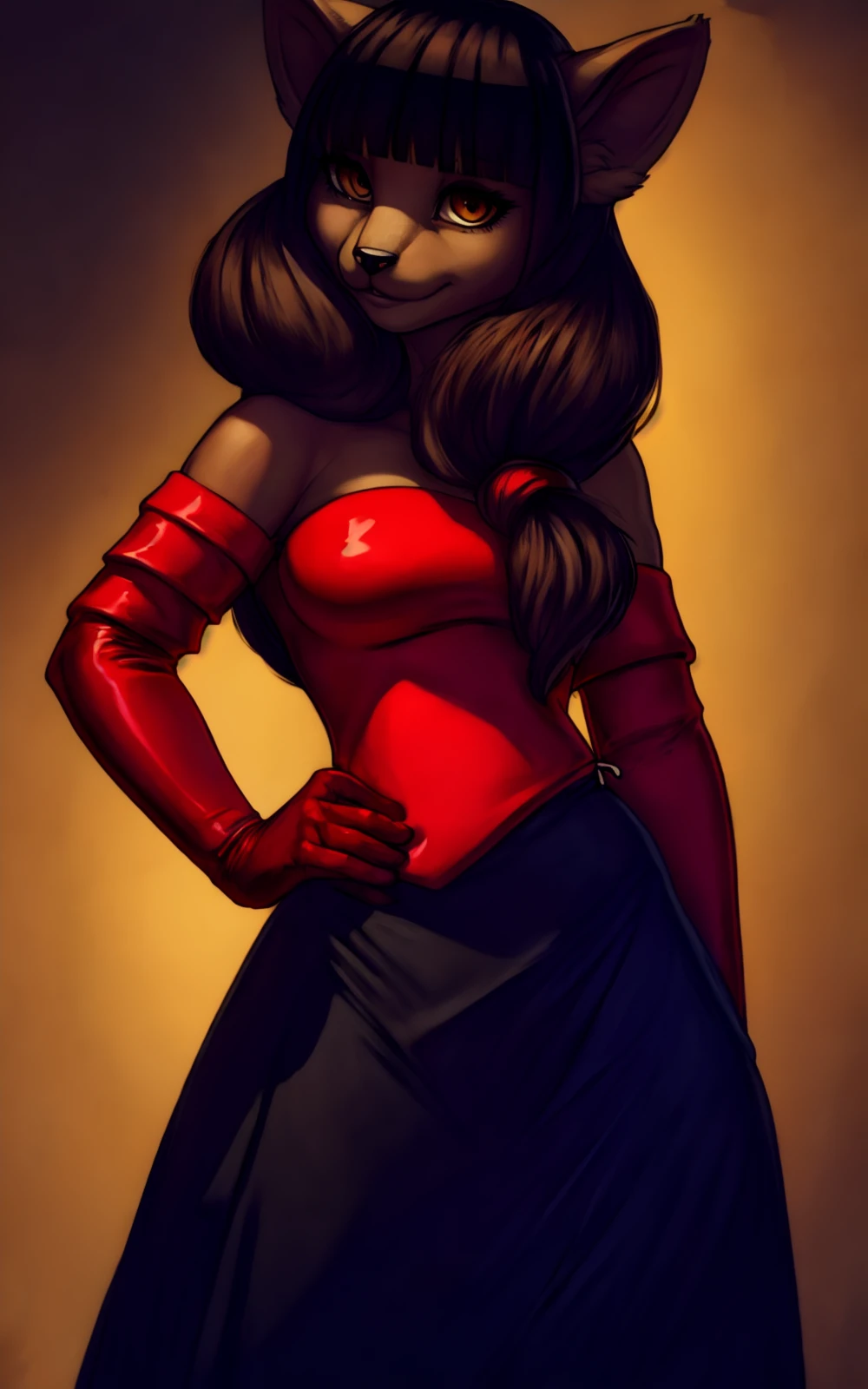 8k.4k,((Best quality, masterpiece, ultra high resolution)),((full body)),standing,by pixelsketcher, <lora:Miranda:1.3>.miranda,gloves, elbow gloves, animal ears, dress, brown hair, dark skin, cat ears, (black long skirt), bare shoulders, brown eyes, red gloves, brown hair, amber eyes,long hair, animal nose,bangs, blunt bangs, twintails,cat tail