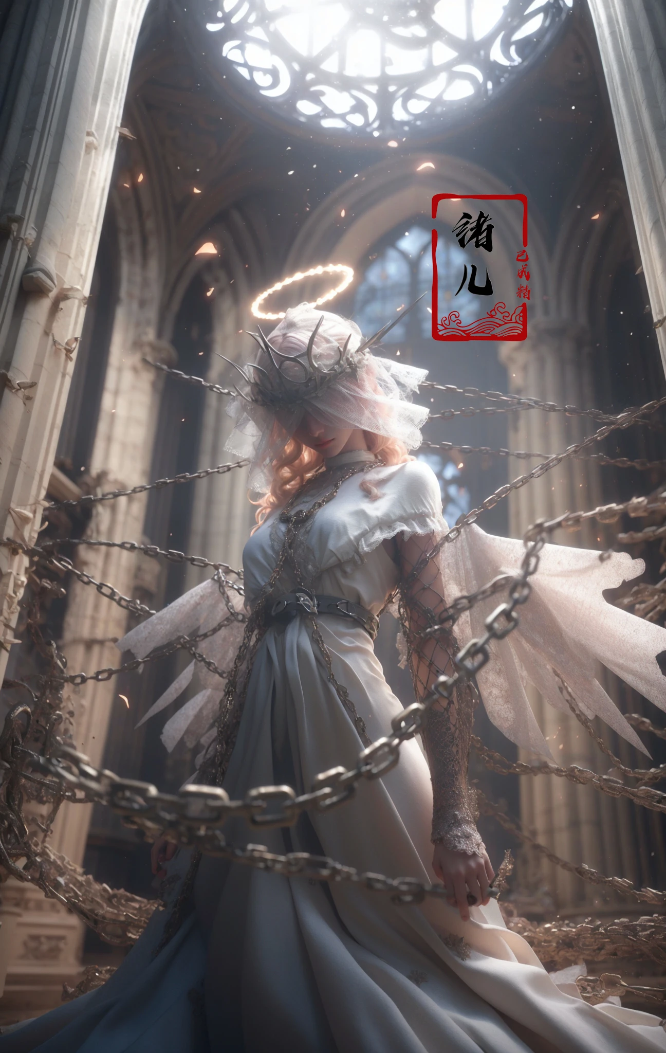 Epic CG masterpiece, a woman dressed in an angelic outfit in chains, delicate face, hdr,dtm, full ha,8K, ultra detailed graphic tension, dynamic poses, stunning colors, 3D rendering, surrealism, cinematic lighting effects, realism, 00 renderer, super realistic, full - body photos, super vista, super wide Angle, rich details, highest quality, extremely exquisite,
Black background1girl, chain, wings, solo, dress, blindfold, white dress, jewelry, veil, choker, ring, own hands together, angel wings, feathered wings, covered eyes, halowedding veil
<lora:~Q?-Y)O Angel:0.8>