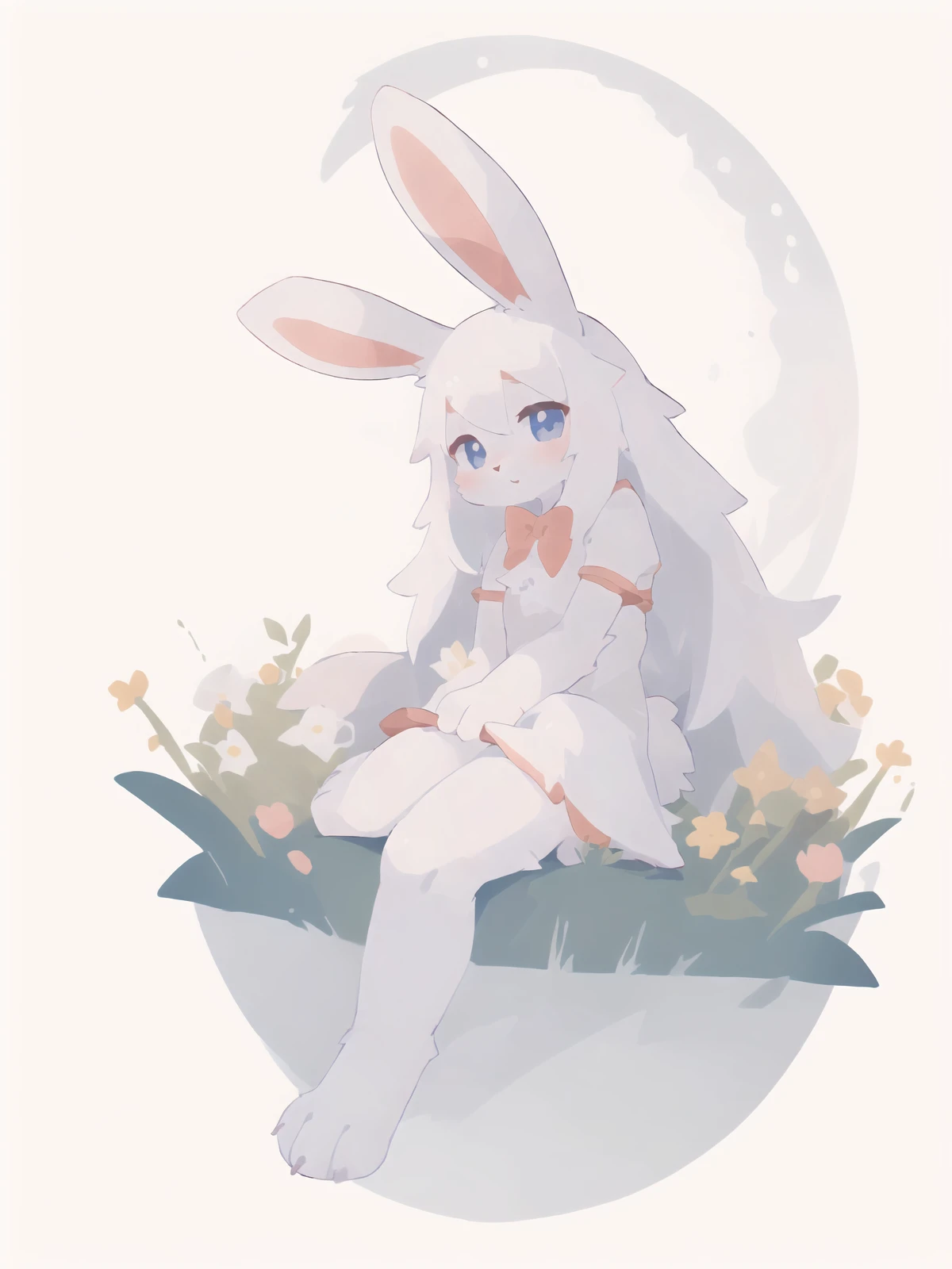 1girl, solo, (white background:1.3), (rabbit girl, rabbit ears:1.3), white dress, white hair, long hair, looking at viewer, (sitting on ground, full body), grass, flowers, (moon:1.3), (best quality, masterpiece, illustration, ultra-detailed:1.3), (uploaded on e621, furry, anthro, kemono:1.3),