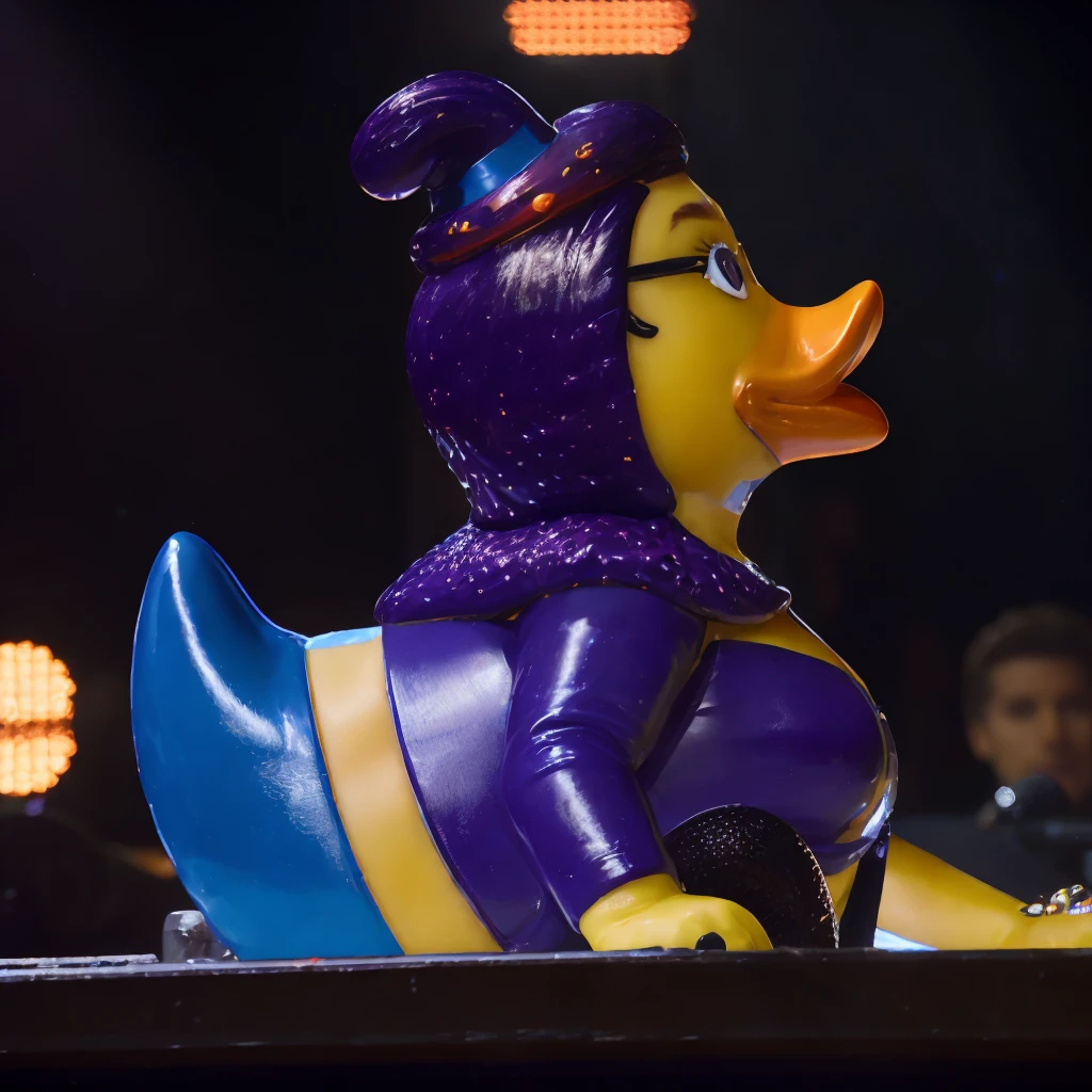 rubberduck, katy perry, right, on a stage of a concert, flashlights<lora:rubberduck-000009:1>, 8k, 4k, detailed