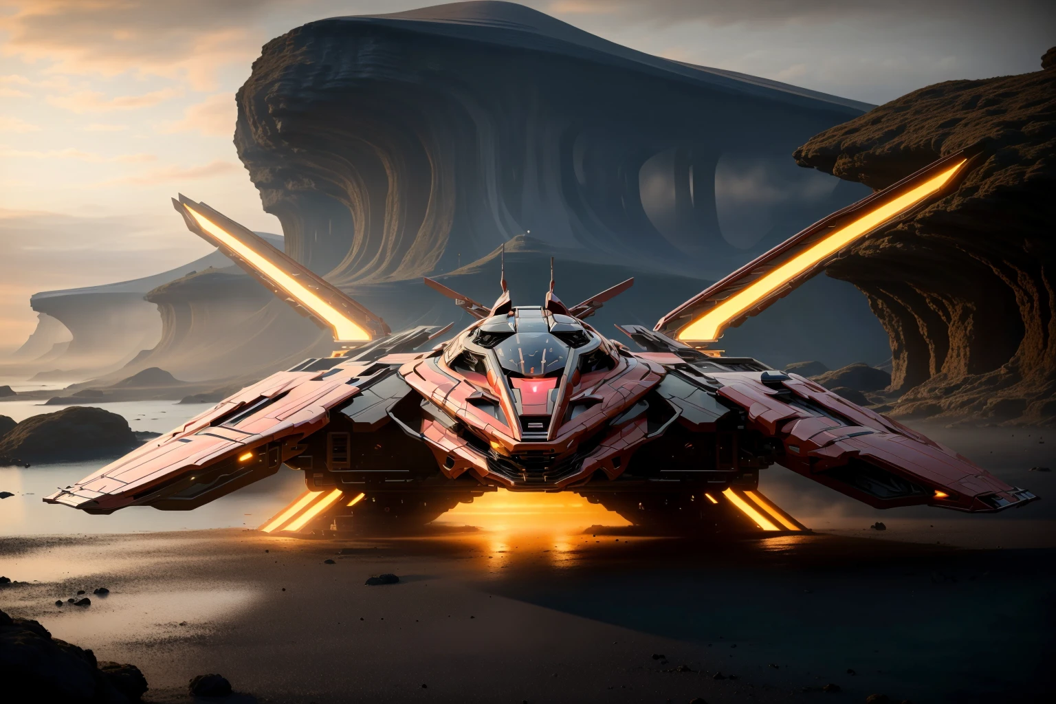 <lora:LoHa_FutSpacecraftV2:0.8>
masterpiece, highly detailed photorealistic 8k raw photo, best cinematic quality, volumetric lighting and shadows, Earthy Red ftspcft, cutting-edge design, showcasing sleek lines, advanced features, innovation, futuristic cityscape, Extreme close-up, large wings, futuristic cockpit