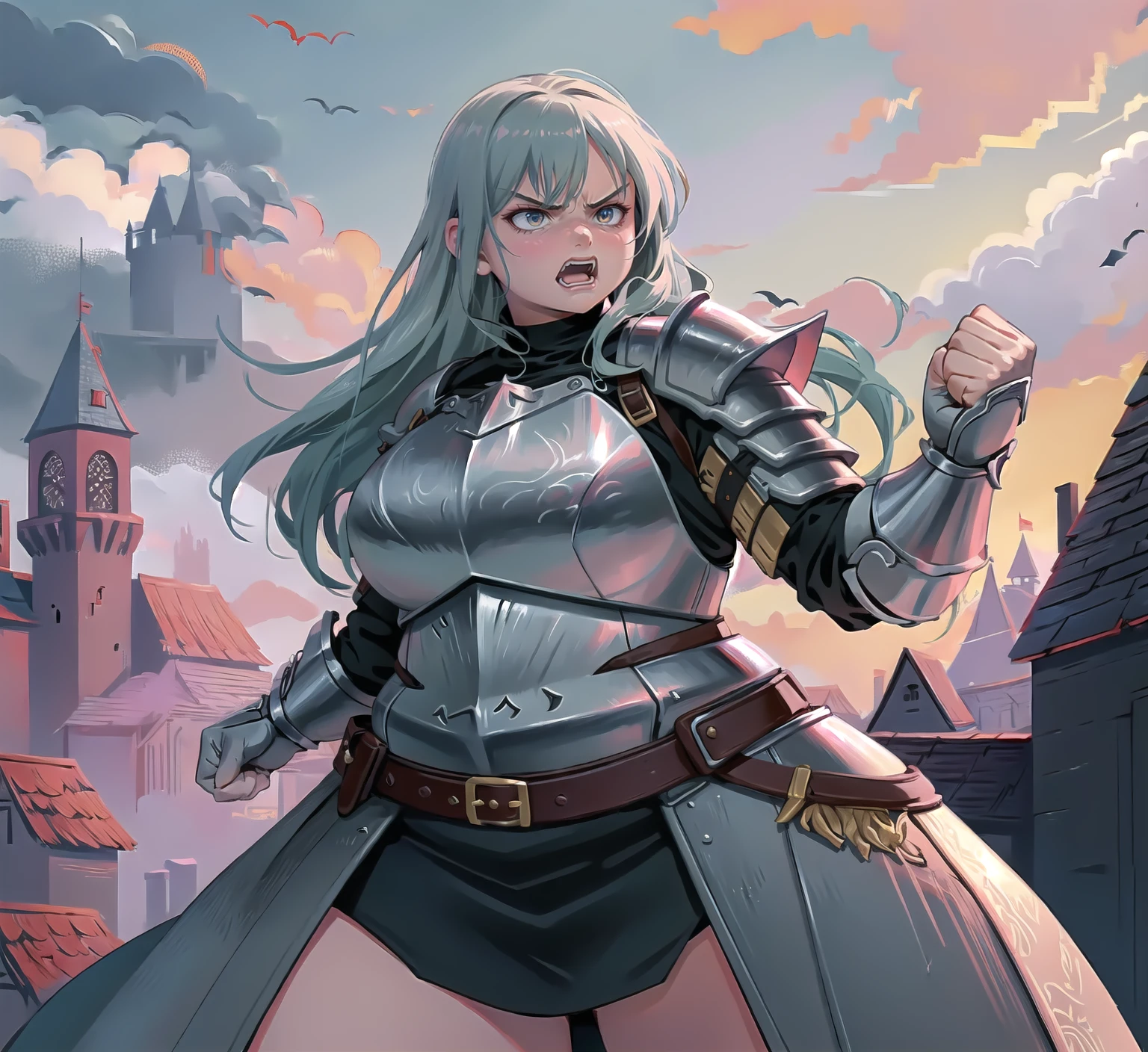 (high_aesthetic:1.2),
plump, thick thighs, wide hips, armored skirt, shoulder armor, gloves, breastplate, belt,
fighting stance, clenched hands, angry, v-shaped eyebrows, outdoors, castle,
1girl, solo, standing, (cowboy shot, upper body:1.2),