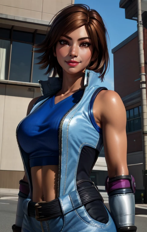 AsukaT7, brown eyes, brown hair,
fingerless gloves , elbow pads, jumpsuit, navel, blue undershirt, midriff, covered nipples,
looking at viewer, light smile, standing, upper body,
streets, morning, sitting,
(insanely detailed, beautiful detailed face,beautiful detailed eyes, masterpiece, best quality),
<lora:AsukaT7:0.7>