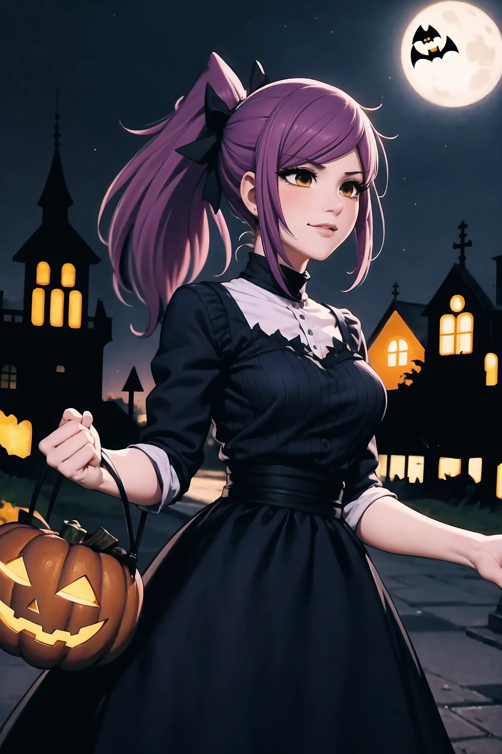 masterpiece, best quality, incrshlwn, <lora:Halloween:0.5>, halloween, halloween costume, night sky, outdoors, dress, leah, ponytail, <lora:Char_Meme_Leah:1>