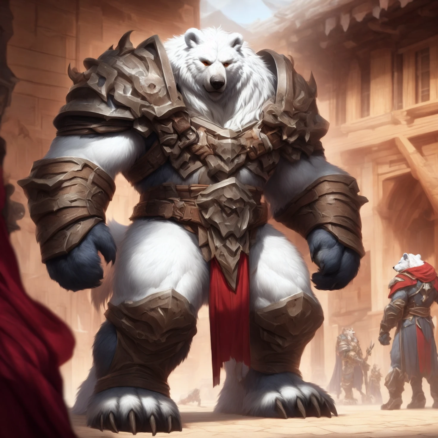 by lindong, by grisser, by markwulfgar, by dsharp k, by wfa, by damingo,
digital drawing (artwork), raytracing, 4K UHD, high detail, ultradetailed, vibrant, vivid, artistic, dark fantasy,
macrobear,  polar bear, bear, macro:1.5, looking at another,  spread legs, furry, barazoku:2, topless, summer, outside, detailed background, extreme size difference, bara,  group, solo focus, white fur, anthro, armor, standing, landscape, front view,  detailed fur, cityscape, city background, full-length portrait, male, white hands, manly,  sunset, graphic, muscular, armored boots, bear tail, serious face, frown, 4 fingers, handpaw, 
<lora:macrobearv2.2:1>