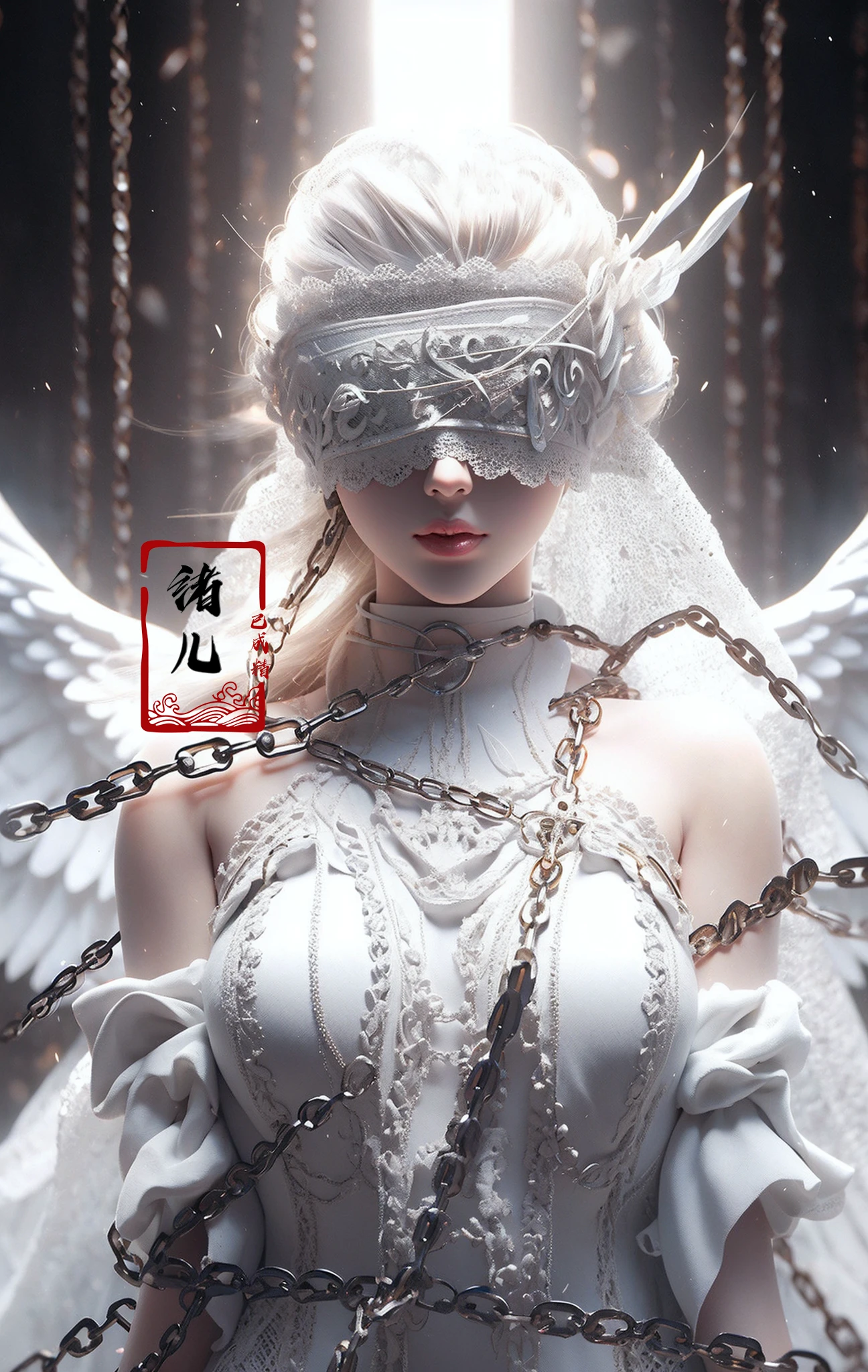 Black background1girl, chain, wings, solo, dress, blindfold, white dress, jewelry, veil, choker, ring, own hands together, angel wings, feathered wings, covered eyes, halo
 <lora:~Q?-Y)O Angel:0.8>