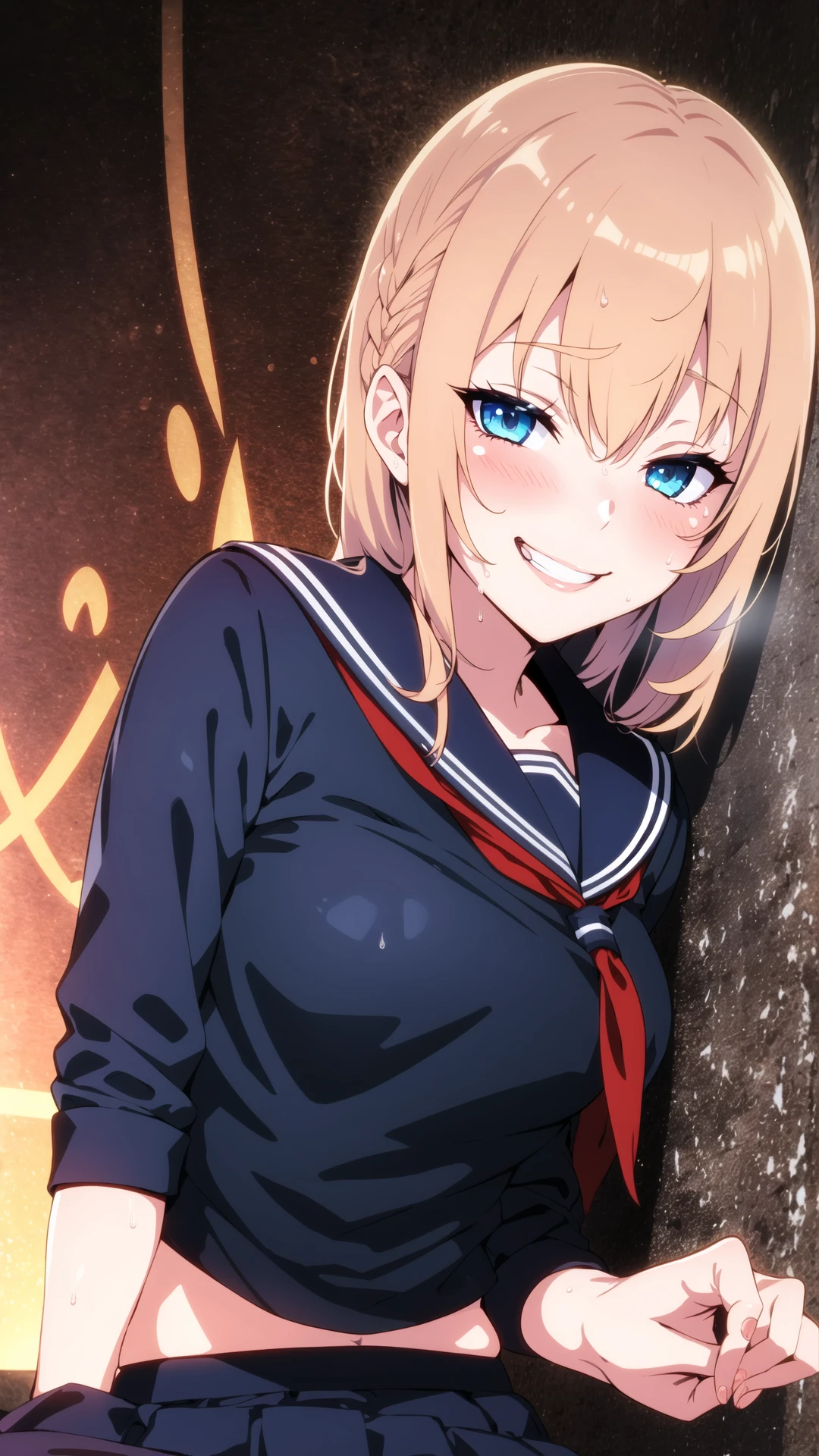 nsfw,ultra realistic 8k cg, HDR, beautiful detailed glow,film Reflection, epic,(upper body:1.5),(1girl,solo:1.5), ((rich, prestige)), perfect artwork, masterpiece,
picture-perfect face,perfect face, beautiful face, ((perfect female body)), charming, seductive, erotic, alluring, enchanting,in front of a graffit wall,(seductive smile:1.5),bukkake,
gyaru,bitch,prostitution,  BREAK
serafuku BREAK
 <lora:Yakisaba Teishoku:0.8> yakisaba teishoku, blue_eyes, medium_breasts