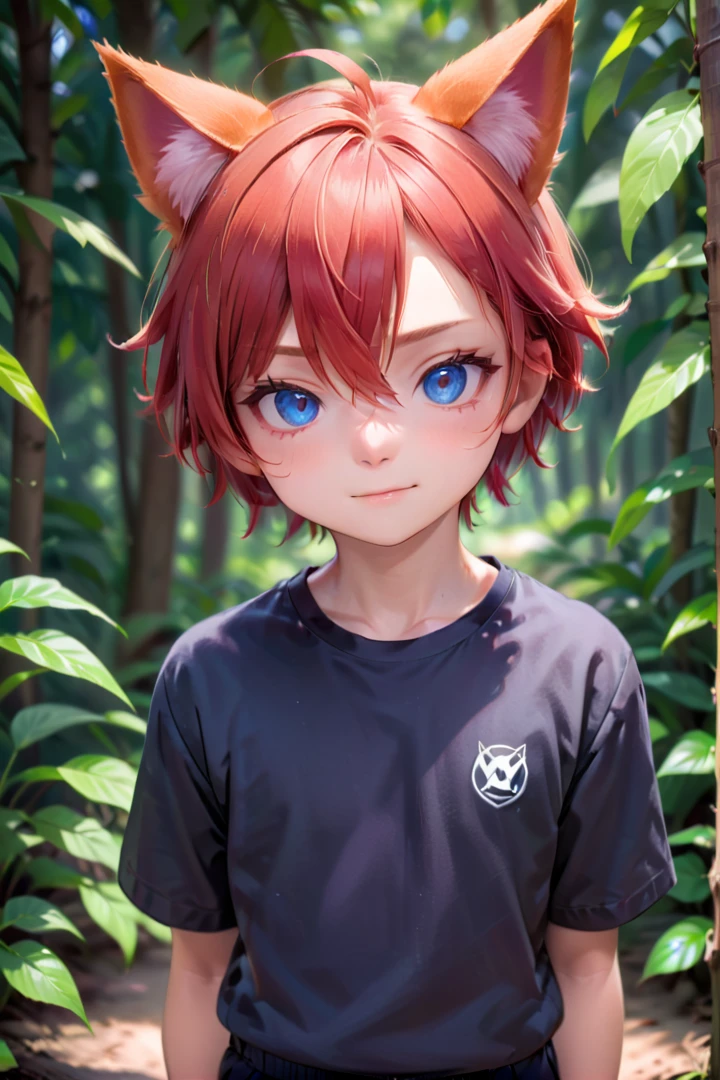 <lora:aki_sdxl_v10:0.6>,1boy, aki, crimson hair, animal ears, masterpiece, ultra detail, forest, blue eyes, (cute  shirt:1.3)