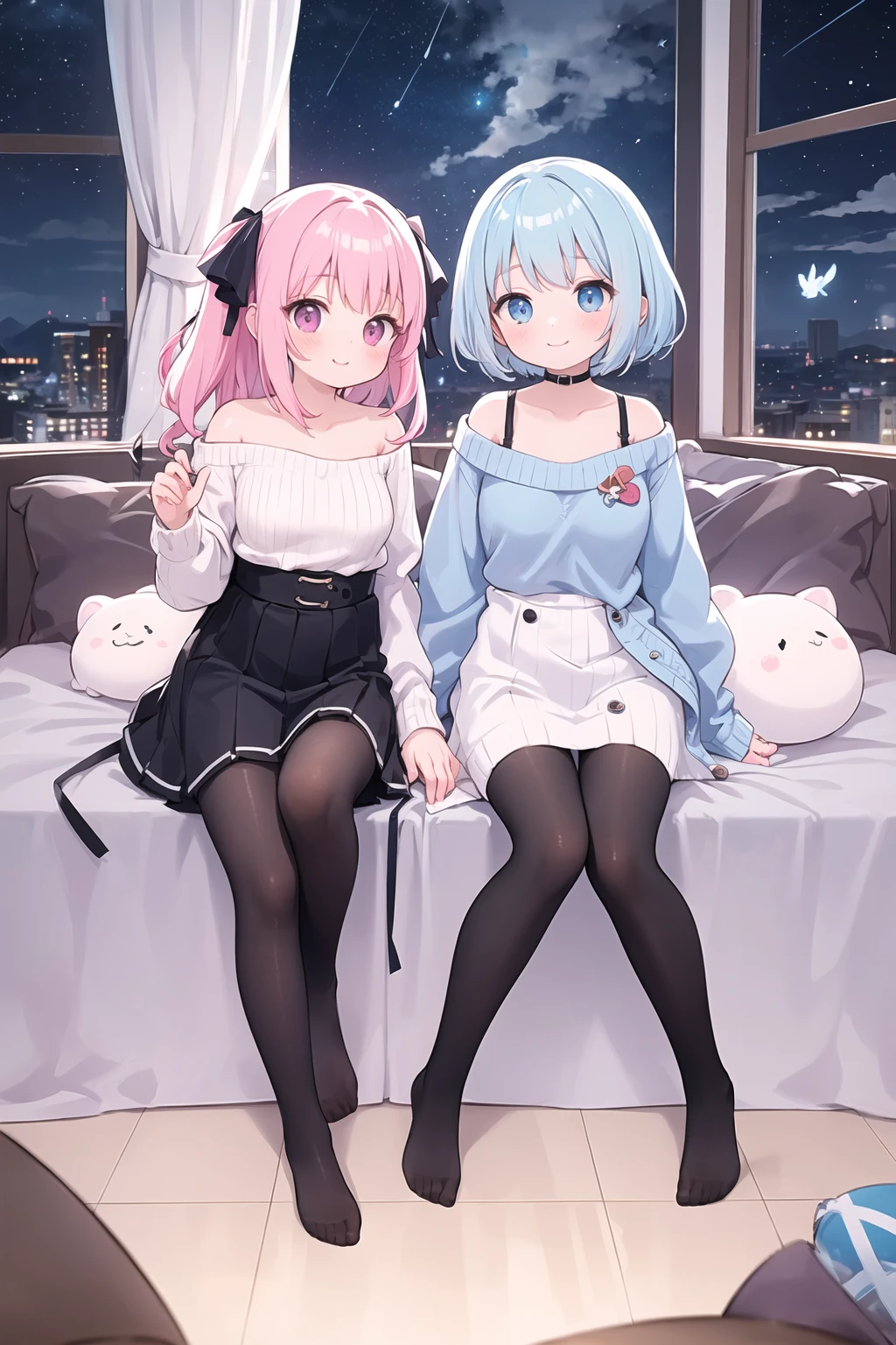 (masterpiece, best quality, great:1.2), CG, illustration, bob hair, beautiful pink hair, blue hair , braid hair delicate face, cute face, kawaii, medium breasts, delicate hair, disheveled hair, floating hair, shiny hair, shiny skin,
dynamic angle ,night, beautiful starry sky, white knit sweater,
black legwear, magnificent view, full body ,fisheye, sky full of stars, looking at viewer, happy smile, meadow
ribbon, chest ribbon, window, 2girls, cloud, building
