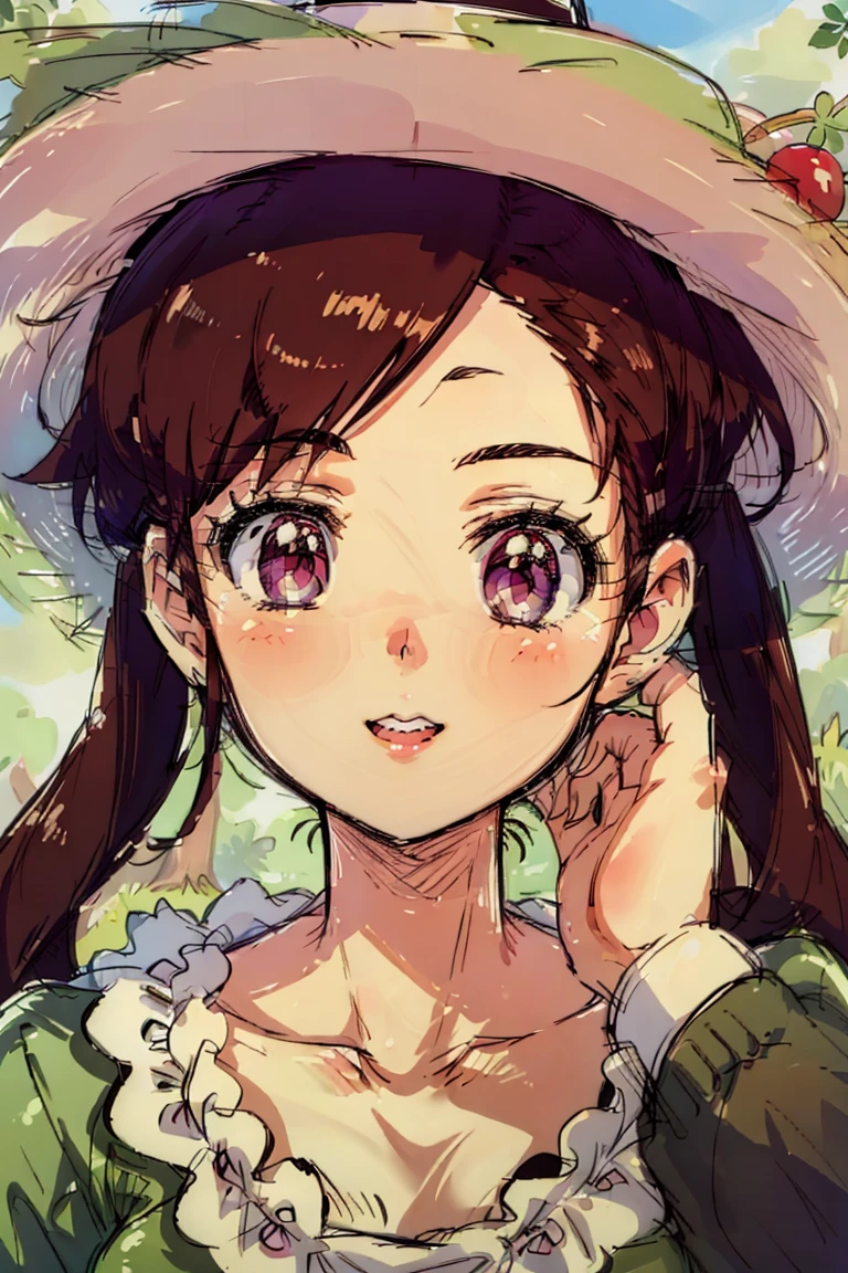 <lora:Plum V21:0.9> plum (mario golf 64), 1girl, solo, brown hair, pigtails, green eyes, smile, sundress, sun_hat, teeth, smile, sunny, bright,, fcPortrait_Force_Portrait, portrait, close up, looking at viewer, portrait, close up,