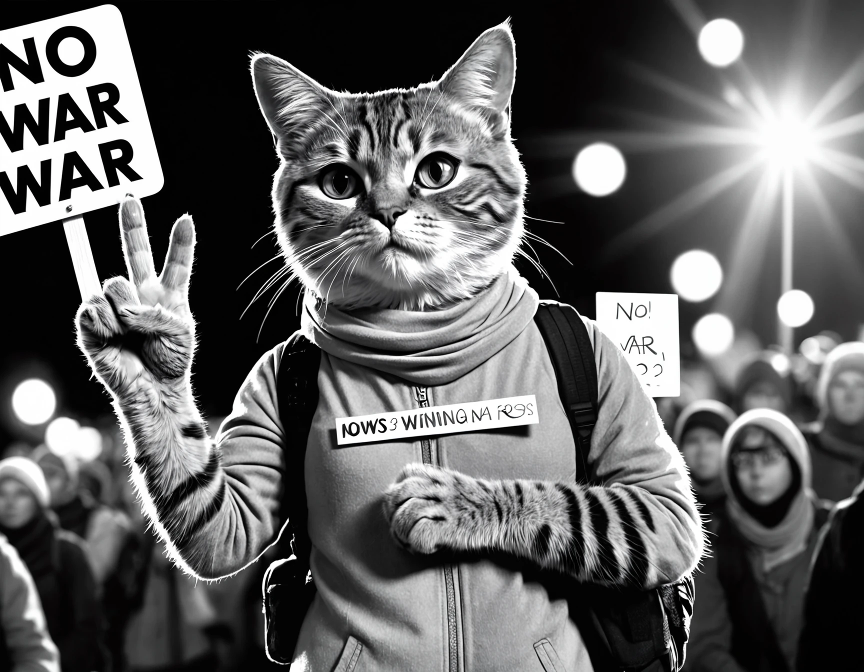 line art drawing cinematic film still a activist cat rally, protesting against war, making a peace sign, holding a sign text:("No War") ,paws , shallow depth of field, vignette, highly detailed, high budget, bokeh, cinemascope, moody, epic, gorgeous, film grain, grainy, high quality photography, 3 point lighting, flash with softbox, 4k, Canon EOS R3, hdr, smooth, sharp focus, high resolution, award winning photo, 80mm, f2.8, bokeh . professional, sleek, modern, minimalist, graphic, line art, vector graphics