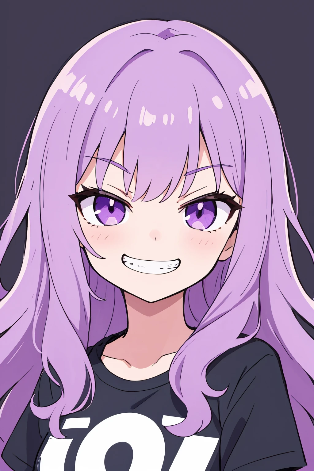 masterpiece, best quality, petite,
long hair, wavy hair, purple hair, t-shirt, evil grin,
portrait, simple background,