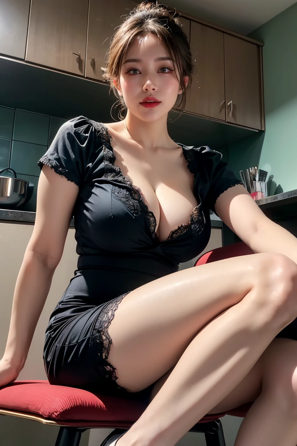 milf_saga, (8k, (RAW photo:1.2), (photorealistic:1.3), realistic, photorealistic, best quality, absurdres, depth of field, ultra high res, masterpiece, chromatic aberration:1.1)), nsfw, (1girl:1.331), (looking at viewer:1.3), (hair bun), breasts, (cleavage:1.21), legs, thighs, lace trim, see-through, short sleeves, thighhighs, pencil skirt, (high heels), indoors, kitchen, sitting on chair