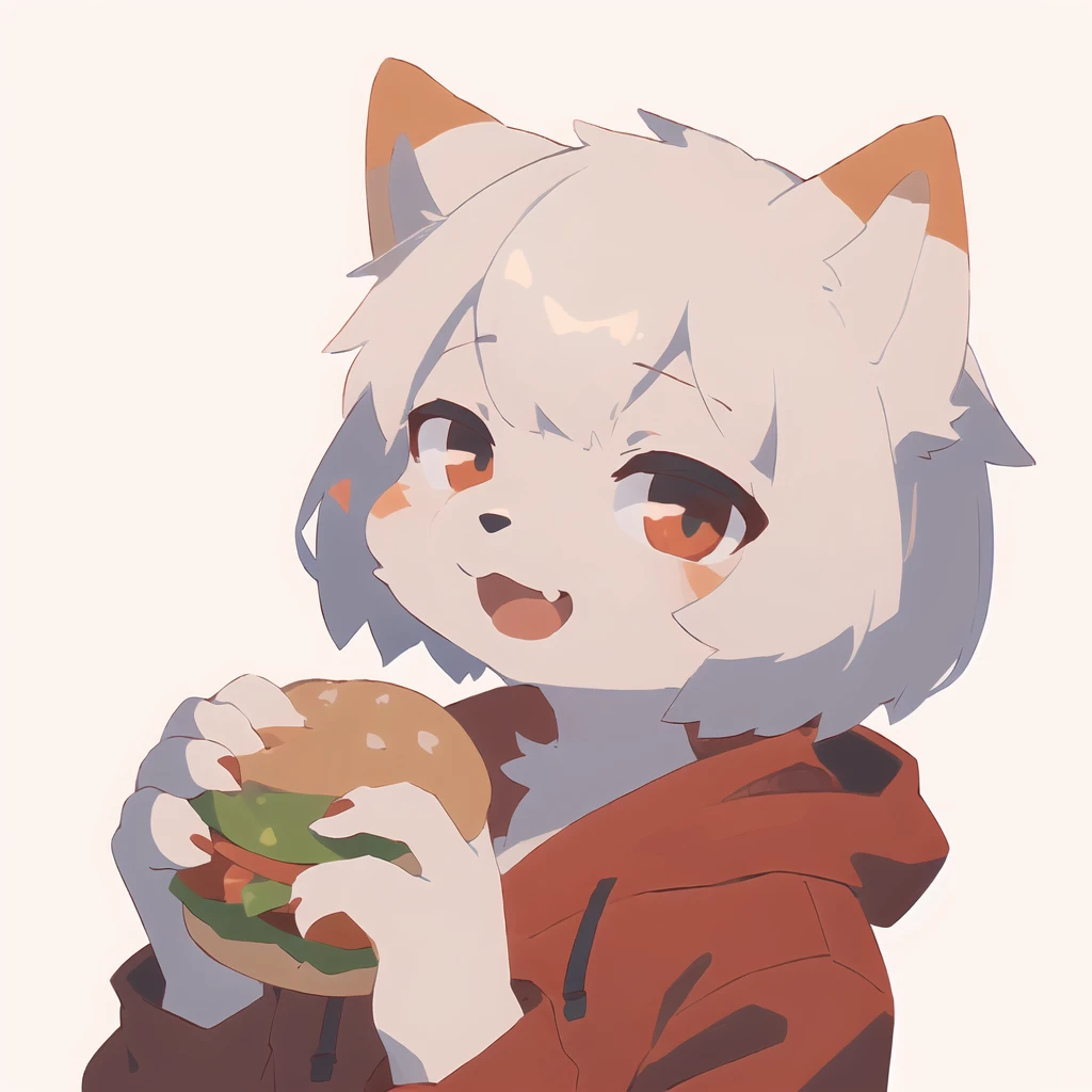 1girl, solo, holding a burger with two hands, bob cut, short hair, :d, cat girl, white fur, portrait, red hoodie, (best quality, masterpiece, illustration, ultra-detailed:1.3), (uploaded on e621, furry, anthro, kemono:1.3),
