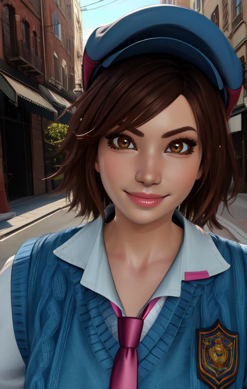 AsukaT8, brown eyes, brown hair,  
fingerless gloves,sweater vest, necktie , white shirt, blue hat,  shorts, 
looking at viewer,  light smile,  standing,  
streets, morning, 
(insanely detailed, beautiful detailed face,beautiful detailed eyes, masterpiece, best quality),
 <lora:asukaT8:0.8>