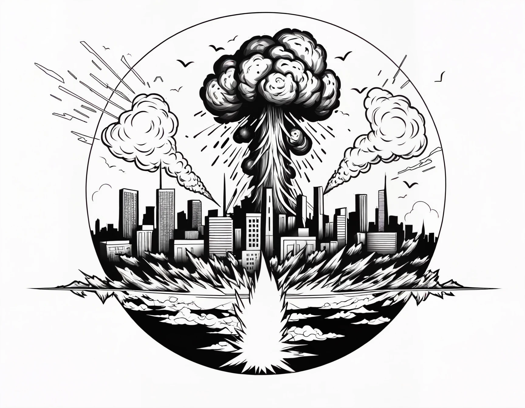 line art drawing Tattoo artwork the end of the world, burning destroyed city after nuclear blast . professional, sleek, modern, minimalist, graphic, line art, vector graphics
