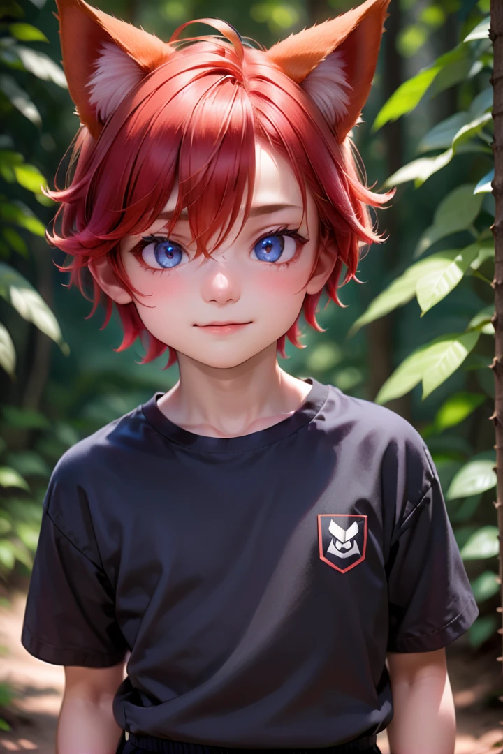 <lora:aki_sdxl_v10:0.6>,1boy, aki, crimson hair, animal ears, masterpiece, ultra detail, forest, blue eyes, (cute shirt:1.3)