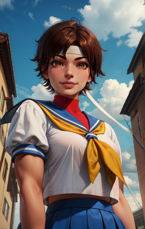 sakurasf5, short hair, brown hair, brown eyes,
white headband, white serafuku,  shirt,  red gloves, yellow neckerchief,  blue skirt,  from below, 
standing,upper body, 
cloudy, dusk, schoolyard, looking at viewer,smile,
(insanely detailed, beautiful detailed face,beautiful detailed eyes, masterpiece, best quality),
<lora:sakuraSF5:0.8>