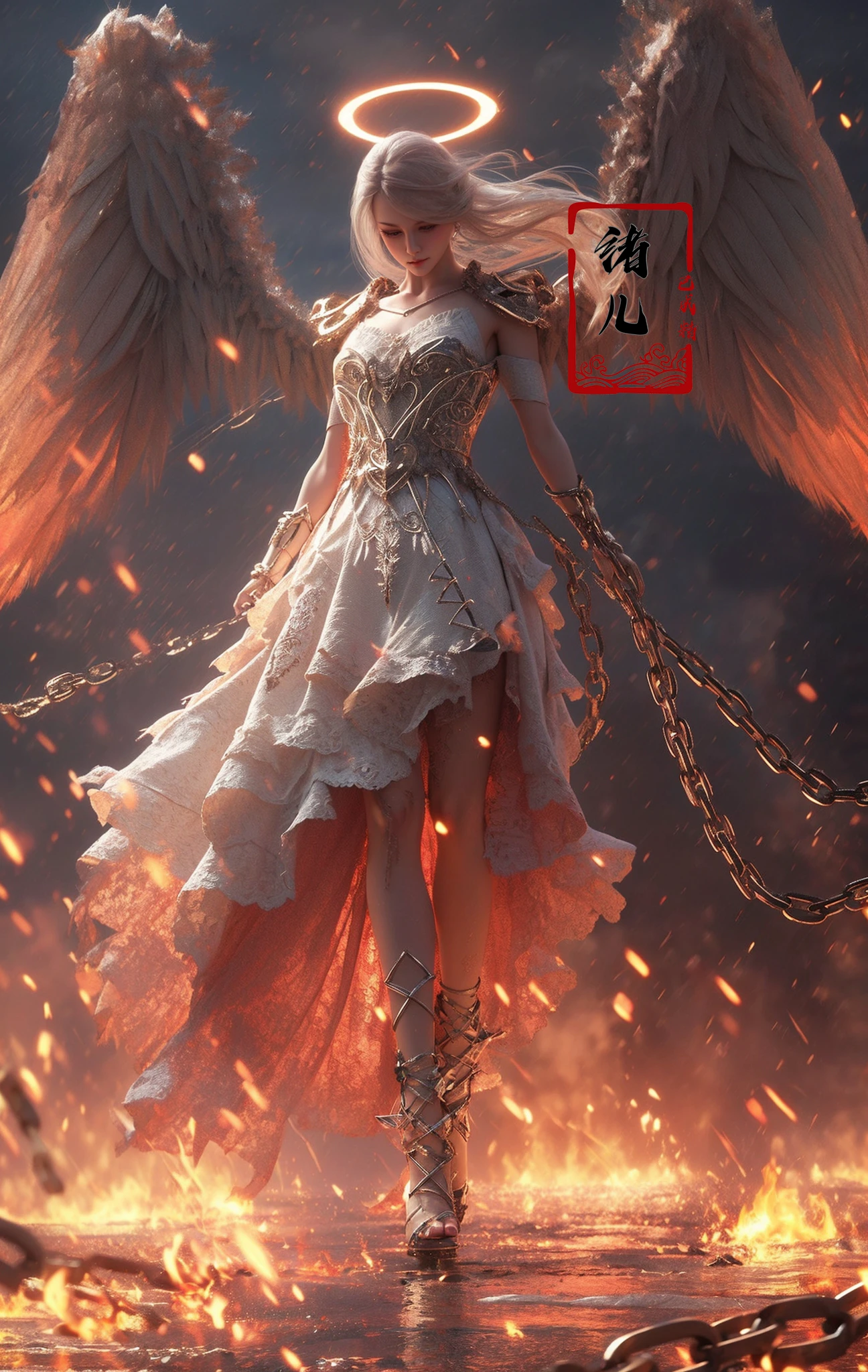 (dramatic, gritty, intense:1.4),masterpiece, best quality, 32k uhd, (Light and dark contrast, high contrast, high saturation:1.3)
Epic CG masterpiece, a woman dressed in an angelic outfit in chains, delicate face, blackblindfold,hdr,dtm, full ha,8K, ultra detailed graphic tension, dynamic poses, stunning colors, 3D rendering, surrealism, cinematic lighting effects, realism, 00 renderer, super realistic, full - body photos, super vista, super wide Angle, rich details, highest quality, extremely exquisite,
(solo:1.3), Angelangel wingswingsfeathered wingsstrapless dress(shackles:1.4)bare shouldershalo, covered eyes, (Milky skin, shiny skin:1.7)(white hair:1.4), (exposed abdomen:1.2)navel(long legs:1.3), jewelry (chain:1.6)Gothic architectureBlack background(Cyan sky:1.2)
<lora:~Q?-Y)O Angel:0.8>