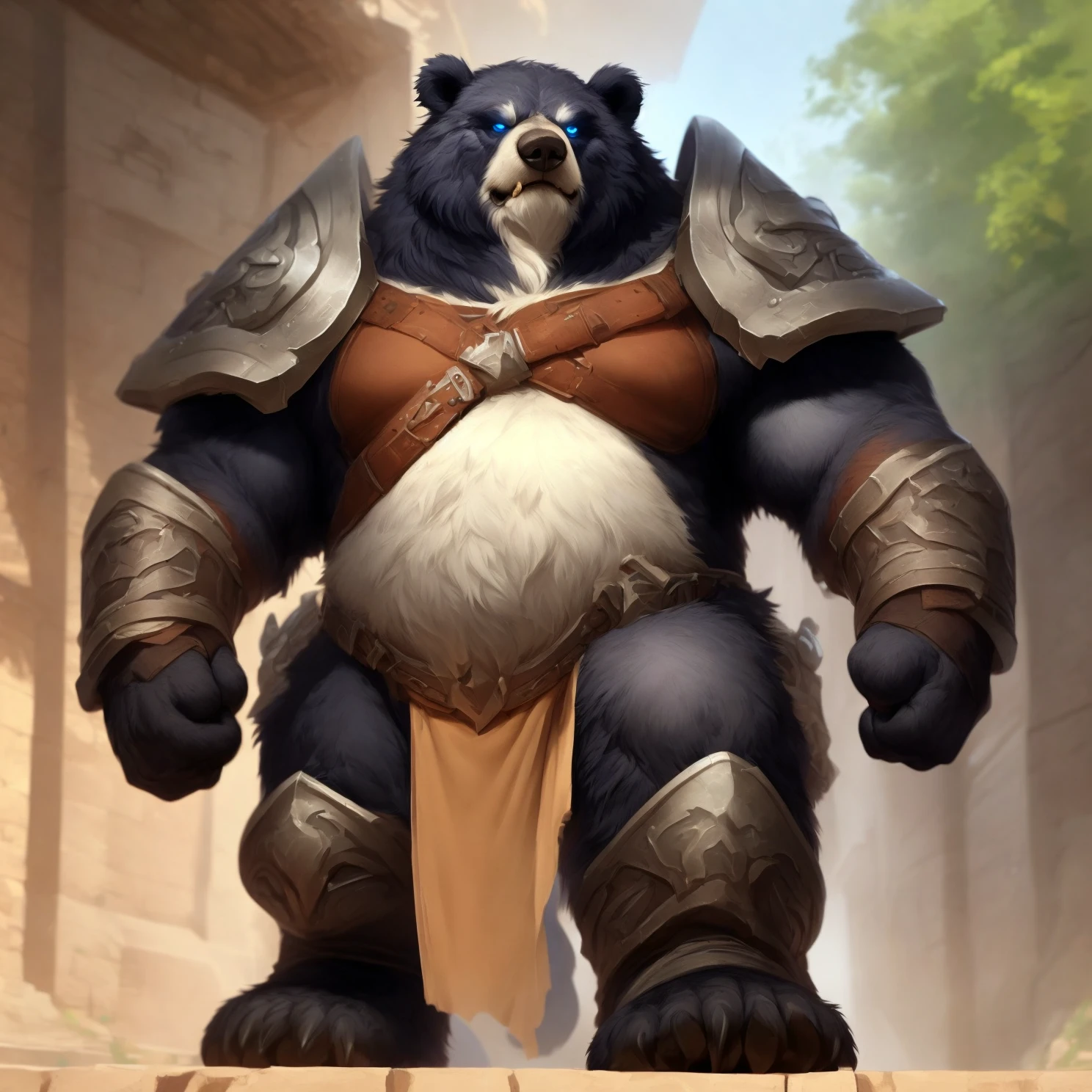 (by null-ghost), (by taran fiddler:0.8), (by darkgem:0.8), (by chunie:0.8), masterpiece, (((detailed fluffy fur))), looking at viewer, seductive, fur, male, male,(colosseum background), solo, (tharsix), american black bear, bear, black bear, ursine, musclegut, scars, roman, arena, safe, armor, steel bracers, steel gloves, bulge, nipples, (((fighting stance, fighting, fight stance, guard up))) <lora:TharsixFRL22nO:0.8>