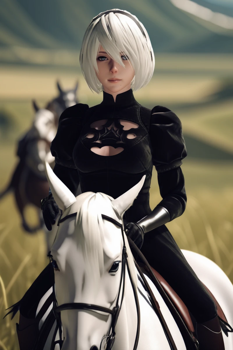 cinematic photo yorha2b,<lora:yorha2b_sdxl_V10-000008:0.65>,looking at viewer,riding horse,grasslands . 35mm photograph, film, bokeh, professional, 4k, highly detailed