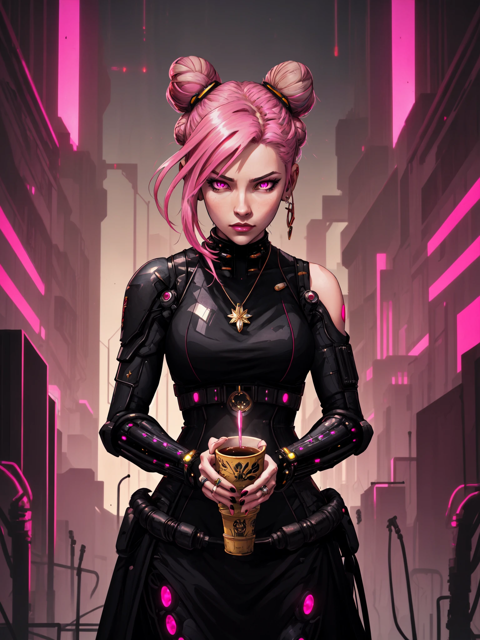 1girl, solo, long hair, looking at viewer, jewelry, pink hair, pink eyes, hair bun, cup, double bun, ring, drinking, upper body, cyberpunk background, sci fi vibes, Best_QualityPos
