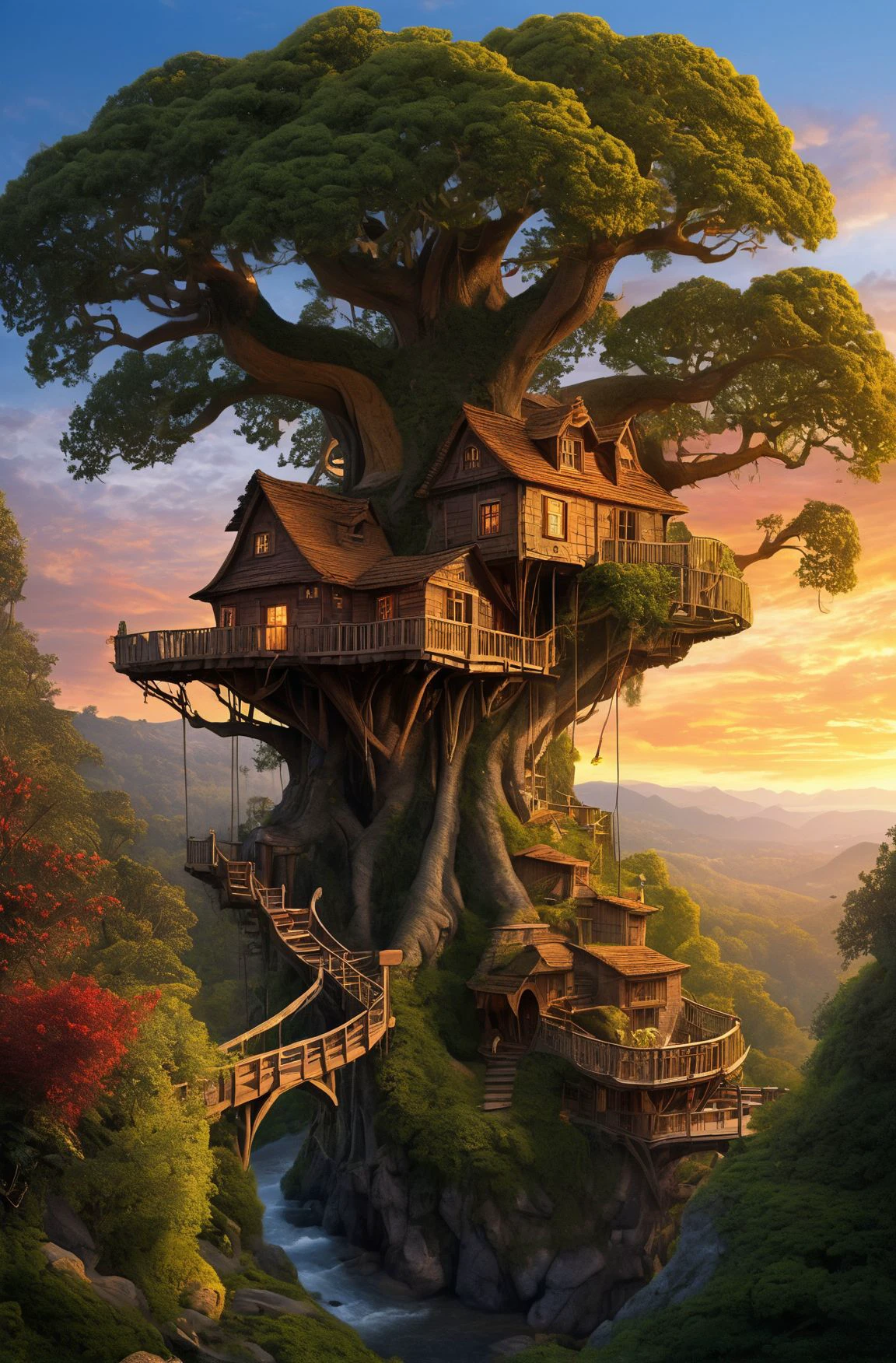 valley, fairytale treehouse village covered, , matte painting, highly detailed, dynamic lighting, cinematic, realism, realistic, photo real, sunset, detailed, high contrast, denoised, centered, michael whelan