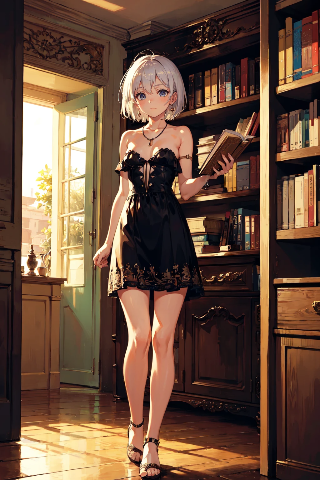 (best quality, masterpiece:1.1), (Intricate detailed:1.2), <lora:Better light:0.5>,  ((full body,    looking down, 1girl, easygoing face, white hair, short hair, spiked hair,        red necklace, earrings, bare shoulders, armlet, strapless, head chain BREAK ( a bookshelf filled with old, leather-bound books) in the background,  ):0.8)