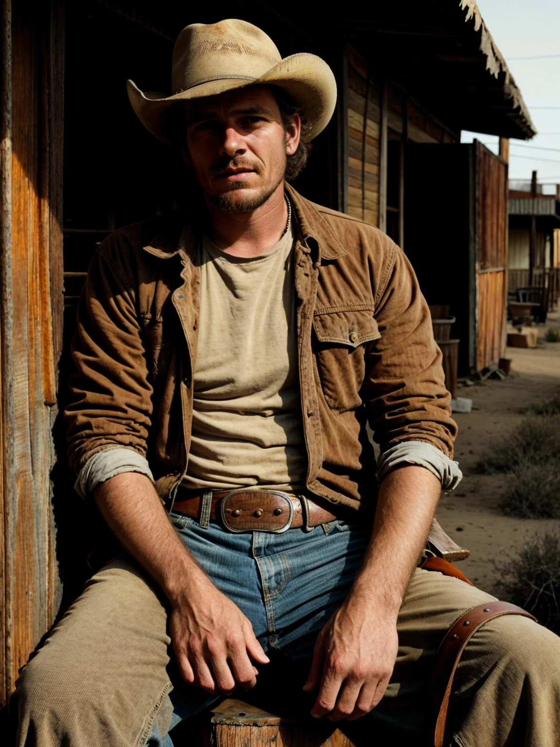 A faded portrait of a rugged 28yo man dressed in authentic cowboy attire. He is seated outside a rundown Saloon in a vintage country western town. The orange sun casts a unique sepia tone to the image. Wind kicks up the dry dust of the desolate town.