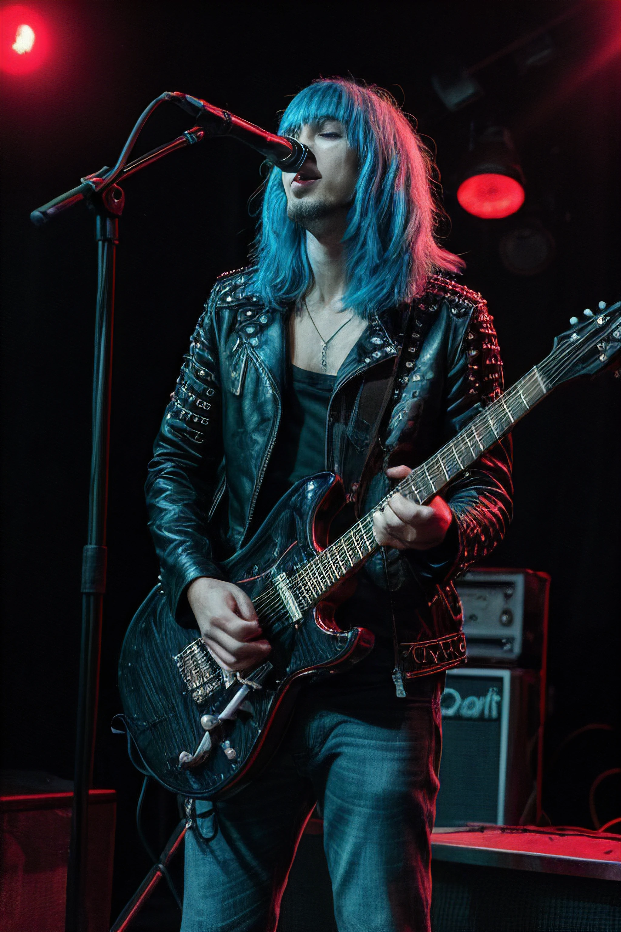 Modern rocker, man with electric blue streaks, intense stare, studded jacket, underground club, neon stage lights, electric guitar in the backdrop.