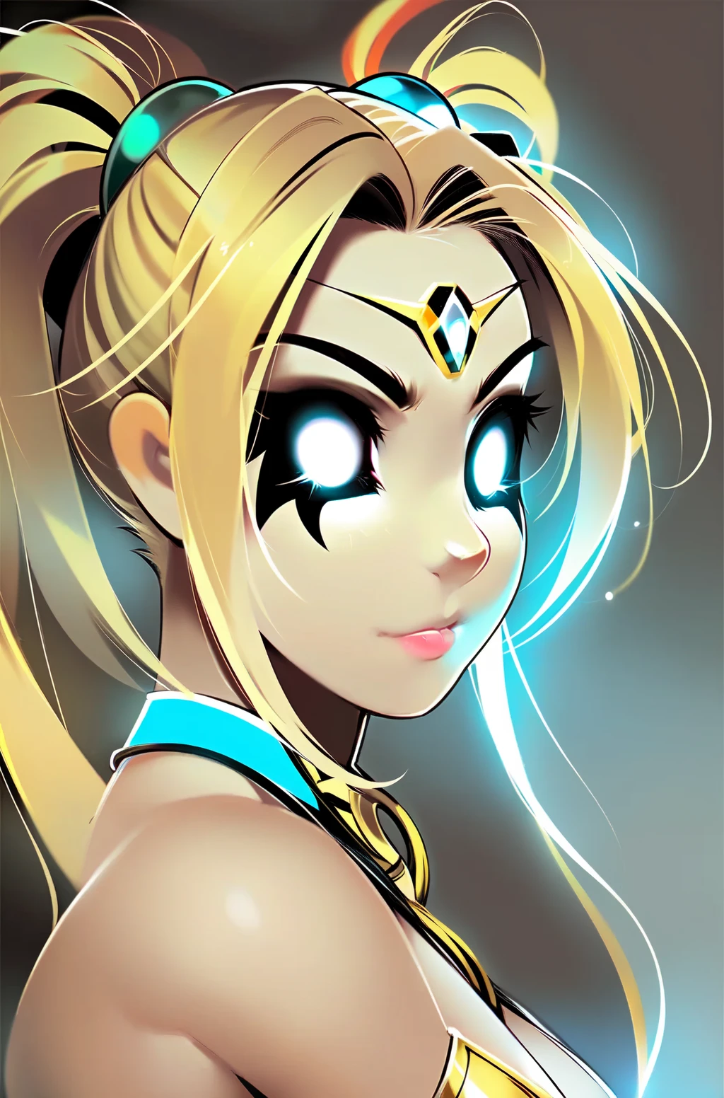 Seraphim,1girl,empty eyes,glowing_eyes,(tattoo face:0.7),blond hair,twintails,<lora:Sacred:0.9>,art by Tsampikos,