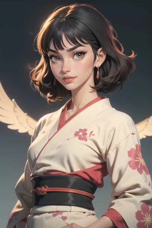 ((masterpiece)),(illustration),best quality,delicate details,refined rendering,Anime style,((Guido Daniele)),comic,((Japan Anime style)),((Menga style)),(((Toon style))),close-up view,1girl,kimono,((solo)),beautiful face,real skin texture,well-proportioned hands,standing,eyeliner,eyelashes,lipstick,eyeshadow,make up,nail polish,blunt bangs,hair wings,ringlets,Evil Smile,Looking To The Side,
