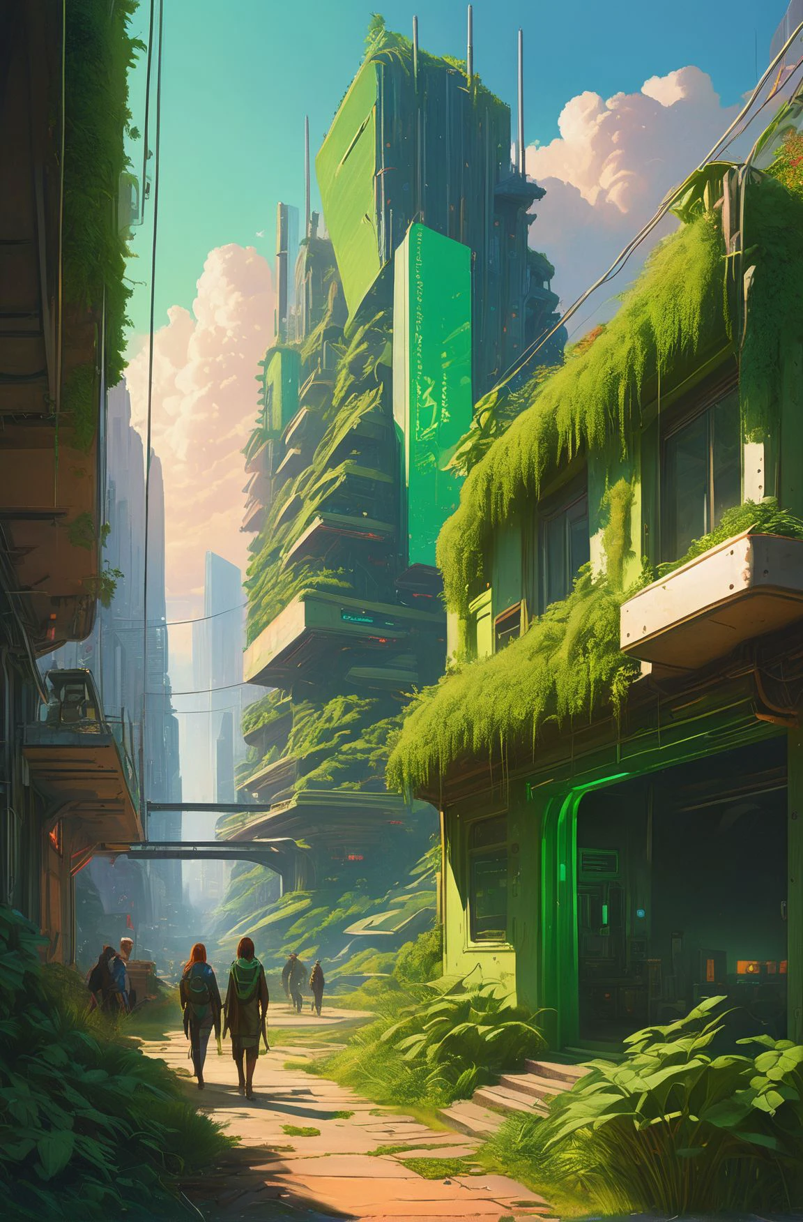 a cinematic composition depicting : we're overlooking a cyberpunk civilization in the valley with overgrown buildings, where a solarpunk tribe is peacefully collaborating with their android helpers with their bright green computer screens, octane render, hyperrealistic, at sunrise, by edward hopper jesper ejsing, by rhads, makoto shinkai and lois van baarle, ilya kuvshinov, rossdraws