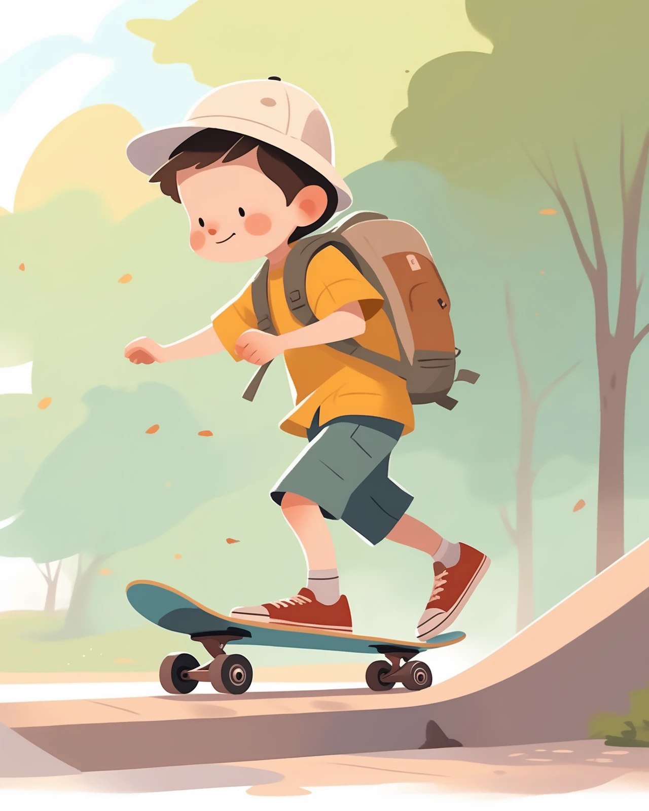 <lora:children huiben11-20231007-000006:0.75>,children's picture books,crayon paintings,blush,white background,simple background,Outgoing, boy, wearing outdoor clothes, wearing a hat, skateboarding, backpack, dirty, a peaceful place