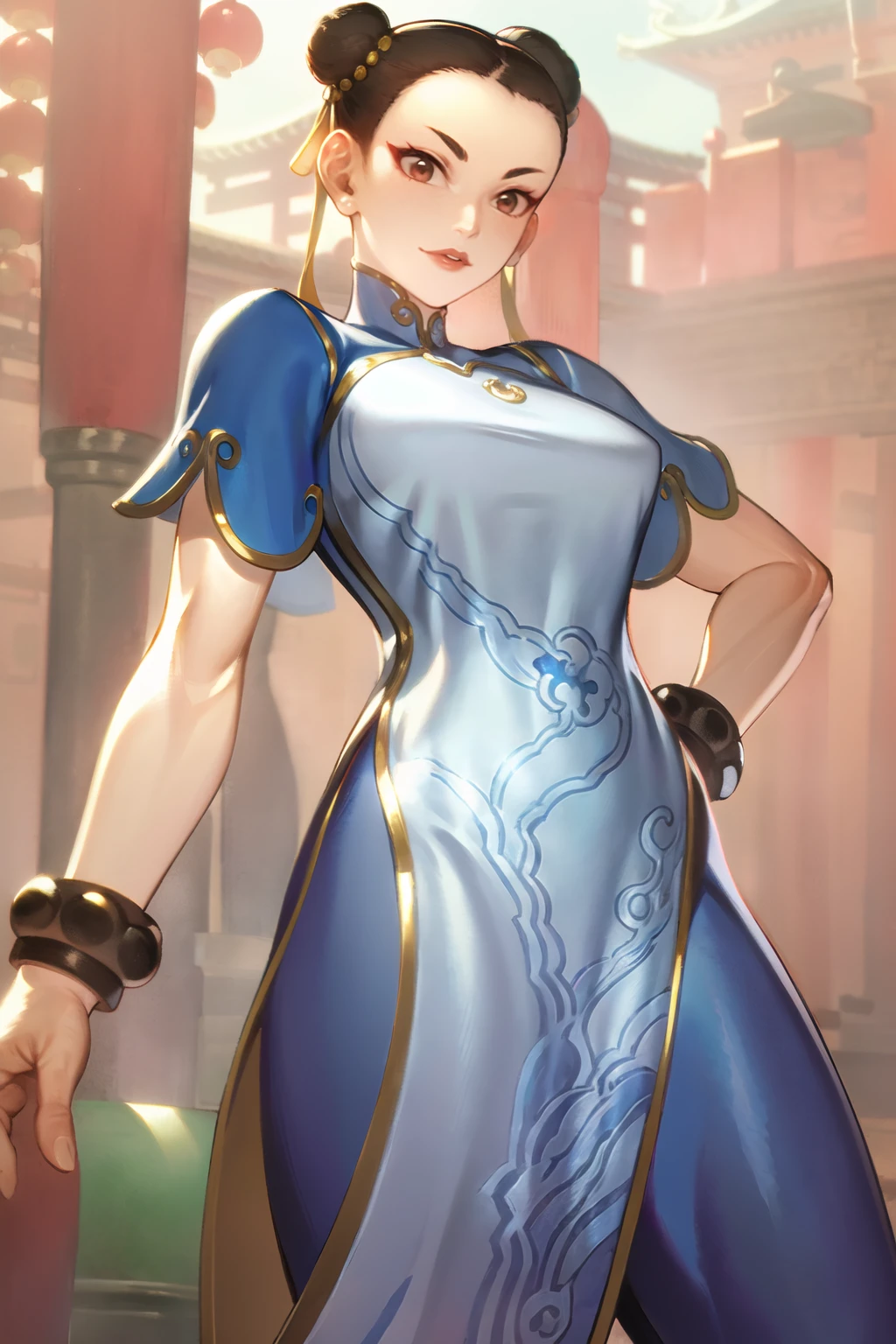 sfchunli, chunli, chinese clothes, bracelets, leggings, twin hair buns, mature woman, standing, cowboy shot, ((solo)), <lora:MorryStyleAny:0.75> <lora:chunliv1:0.8>