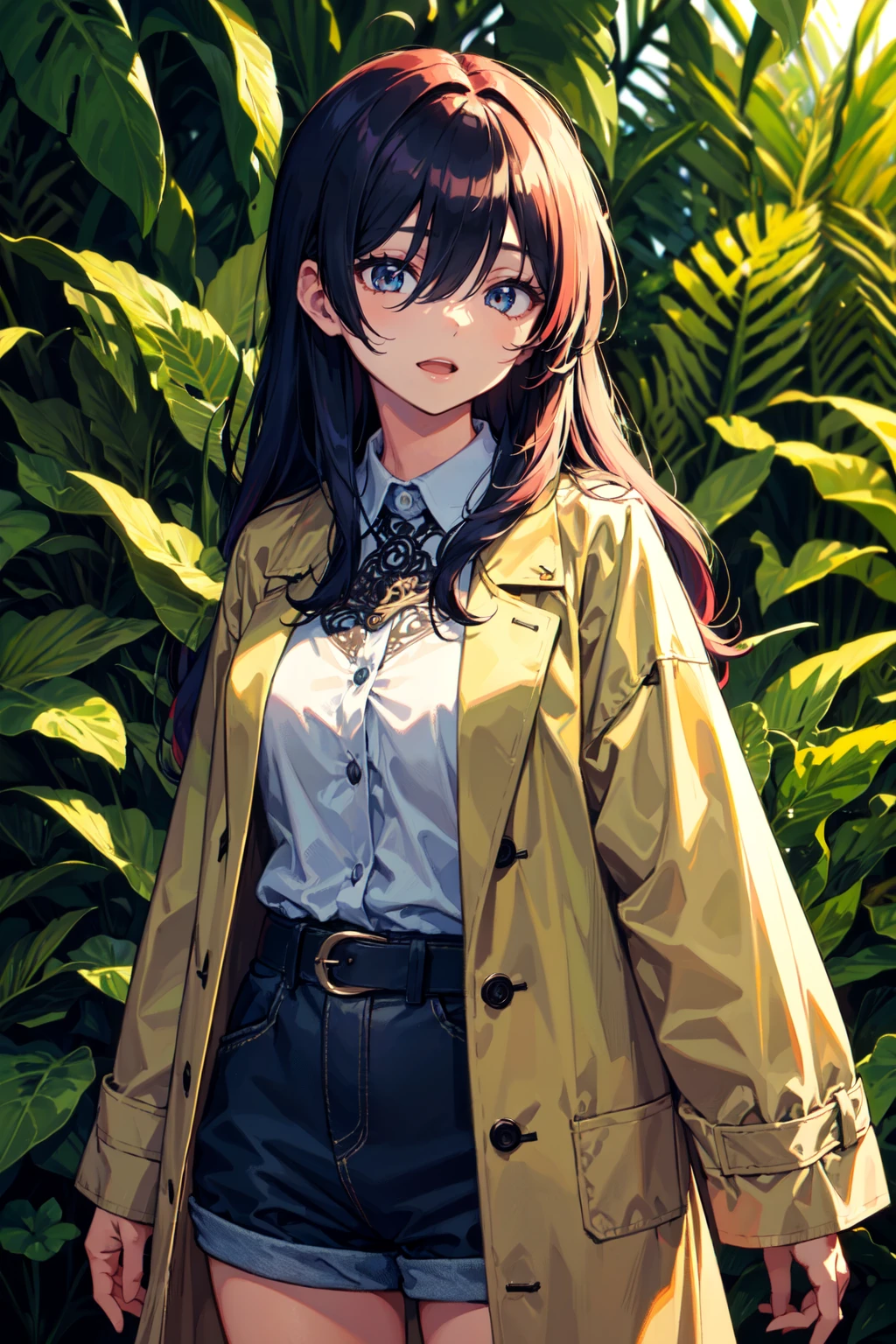 (best quality, masterpiece:1.1), (Intricate detailed:1.2), ((close up, 1girl, crazy face, rainbow hair, very long hair, hair over eyes, wearing Button-front cardigan and Belted shorts, (wearing Raincoat:1.2) BREAK ( branch of a tall tree, in forest, sunlight through the leaves) in the background, ):0.8)
