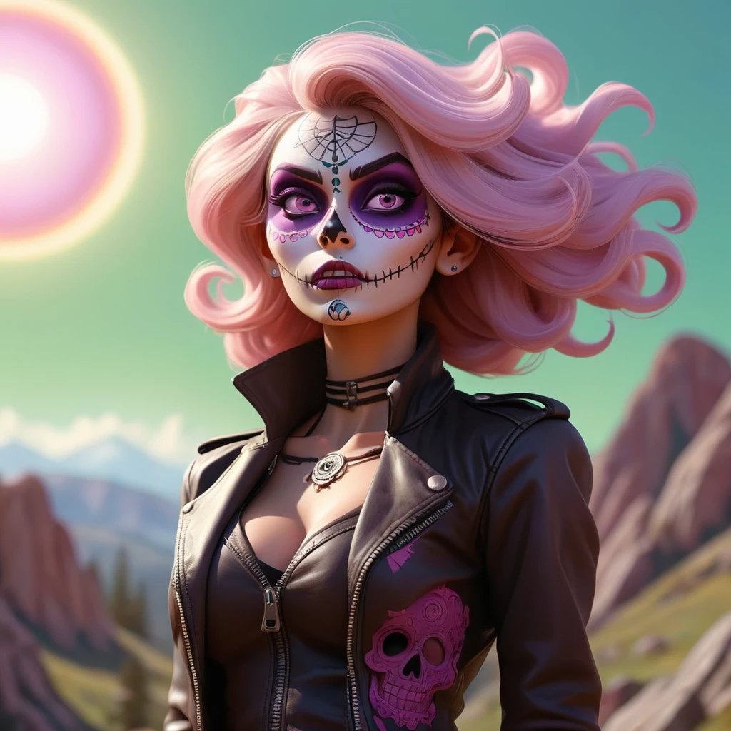 Technical illustration, Fractal, VRay, Emotional Sami Vampire hunter (a crowd of girls:1.3) , dressed in Leather jacket and leggings with Cotton images, Vivacious pose, they have Atomic Age hair styled as Low fade, Violet background, lush hillside, Sun in the sky, FOV 90 degrees, portrait art, (stylized by Alphonse Mucha:0.7) , Cel shaded, Lustful, Demoscene, Lens Flare, electric green color grading, Swirling Pink, de dia los muertos