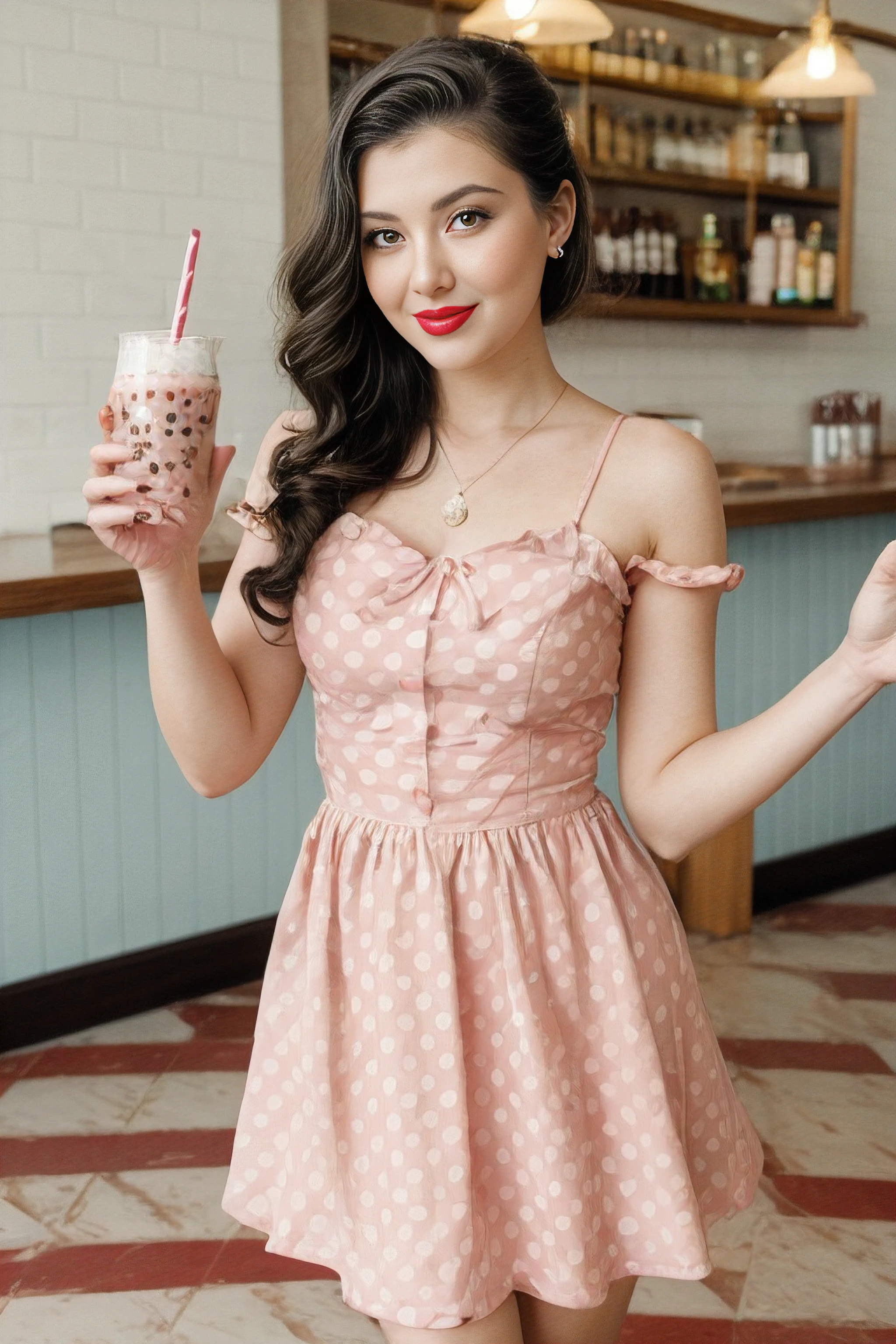 Vintage charm, woman with classic pin-up hairstyle, bright red lips, polka dot dress, old-school milkshake bar, pastel colors, checkered floor.